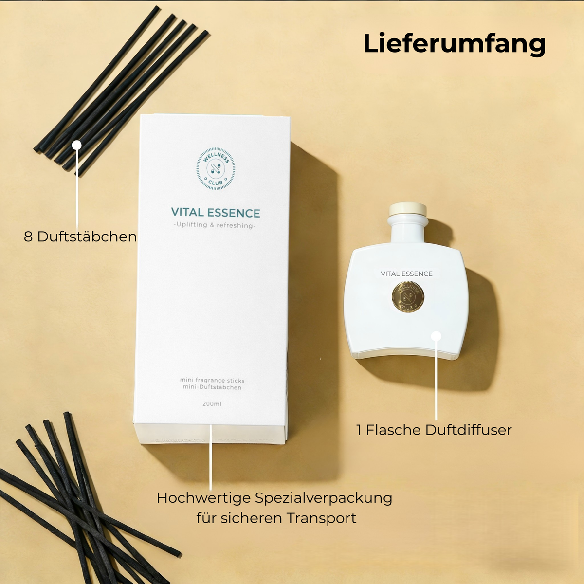 Wellness Club VITAL ESSENCE Zitronengras Diffusor 200 ml, 8 Rattanstäbchen