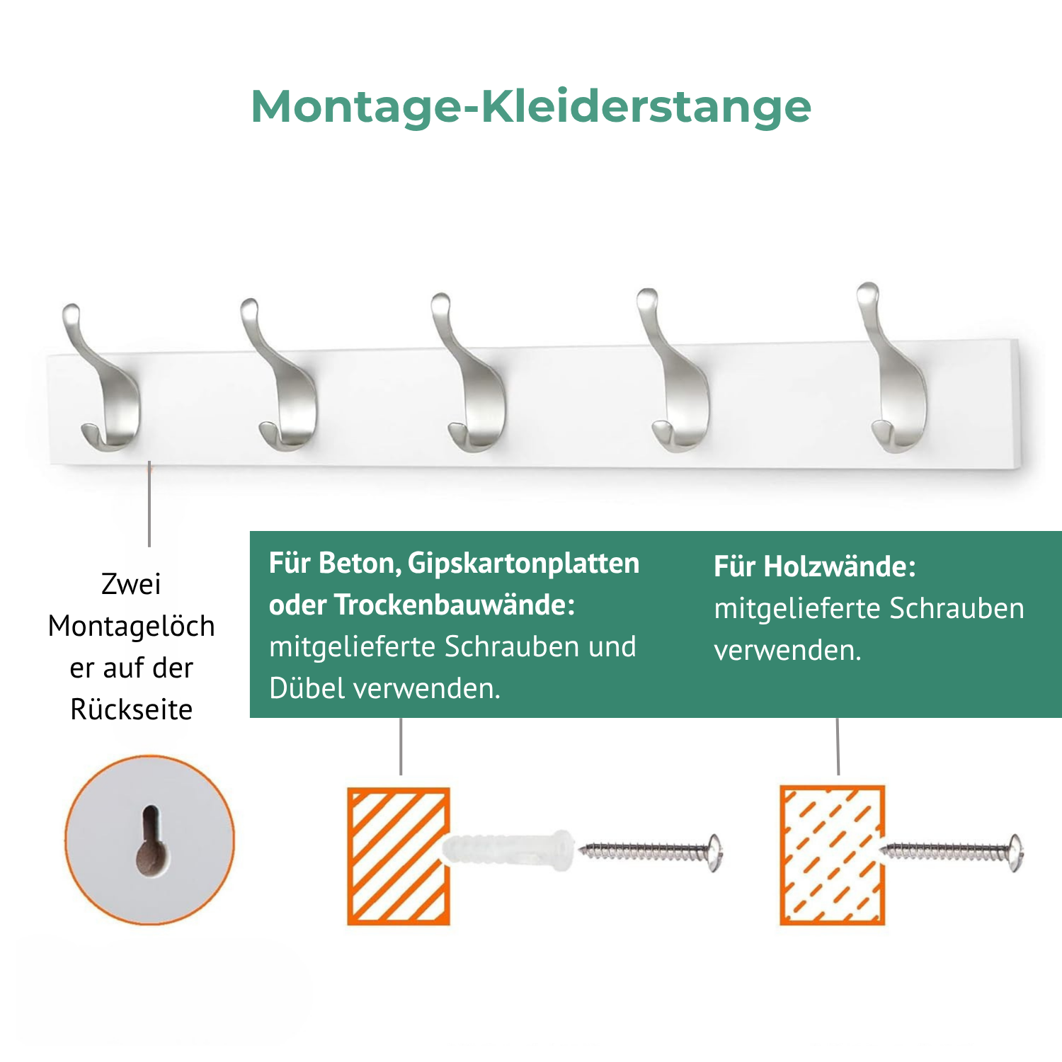 Friends Of NAIPO® Garderobenleiste, 57 cm Hakenleiste mit 5 Haken – Wandgarderobe für Mäntel, Jacken, Taschen, Weiß