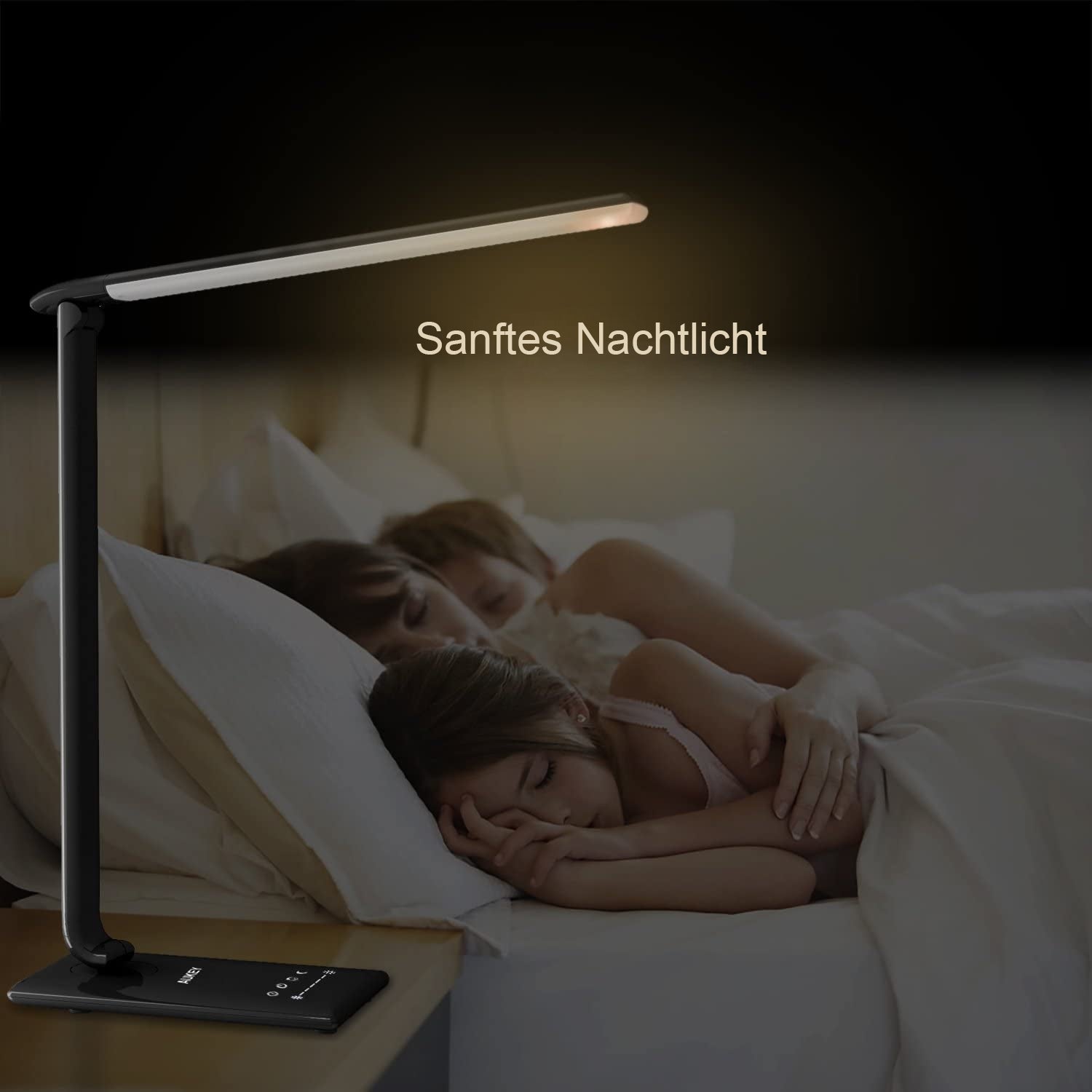 Friends Of NAIPO® Aukey LED Nachttischlampe mit 5 Farbtemperaturen, 5 Helligkeitsstufen, Nachtlichtmodus, 1-Stunden-Timer und USB-Ladeanschluss