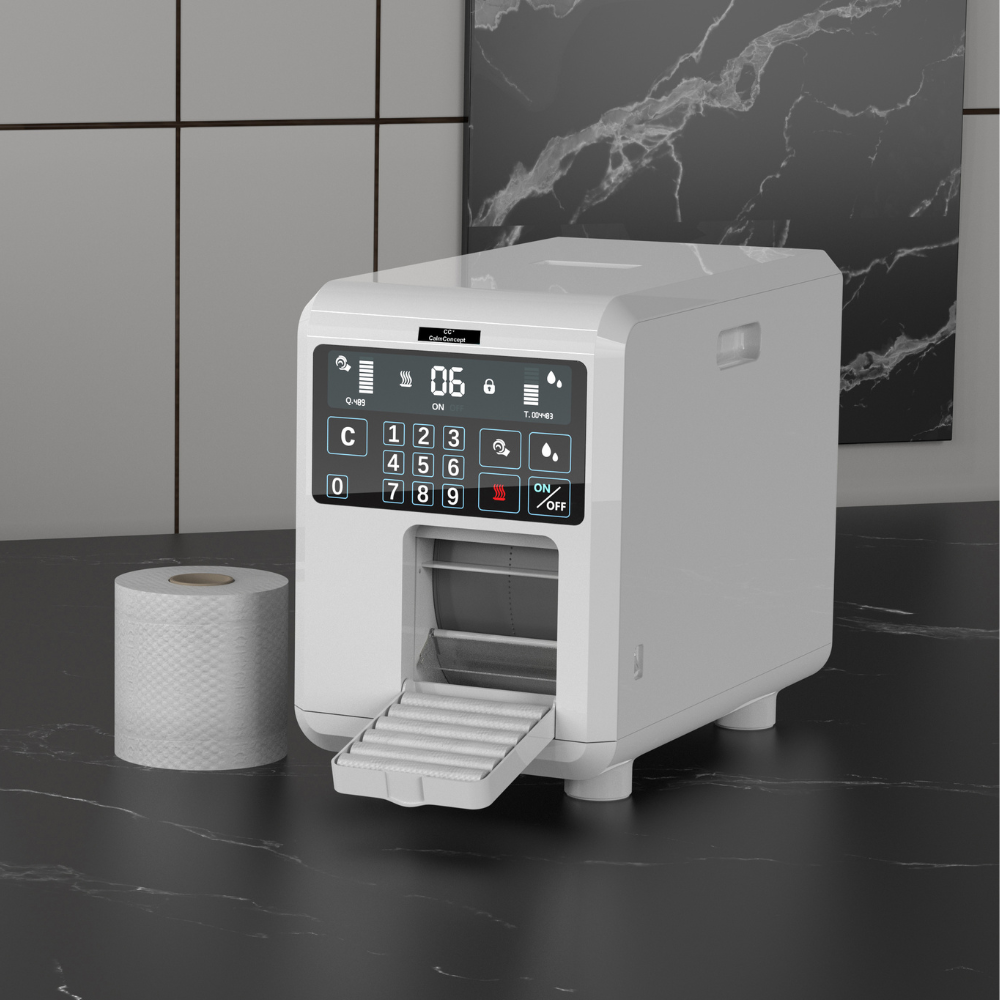 CalmConcept® Warmtuchspender mit Befeuchtung und Heizfunktion (bis zu 60 °C), LED-Display, schnelle 2s-Ausgabe, Hygienischer Einweg-Handtuchwärmer für Spa, Kosmetikstudio, Restaurant, Modell C