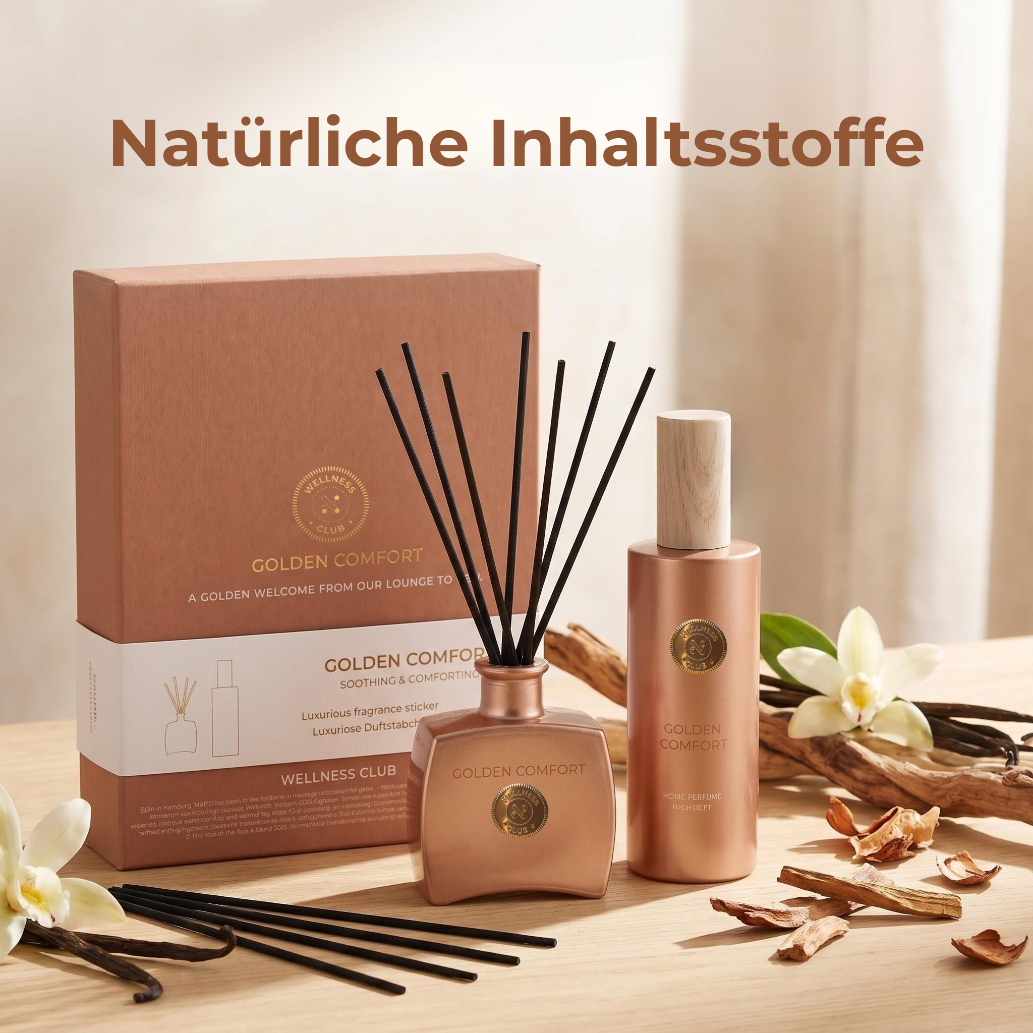 Aspria GOLDEN COMFORT Vanille Geschenkset – Räucherstäbchen Diffusor 100ml + Raumduft Spray 200ml – Natürliche ätherische Öle – Für Wohnzimmer, Schlafzimmer, Bad, Büro