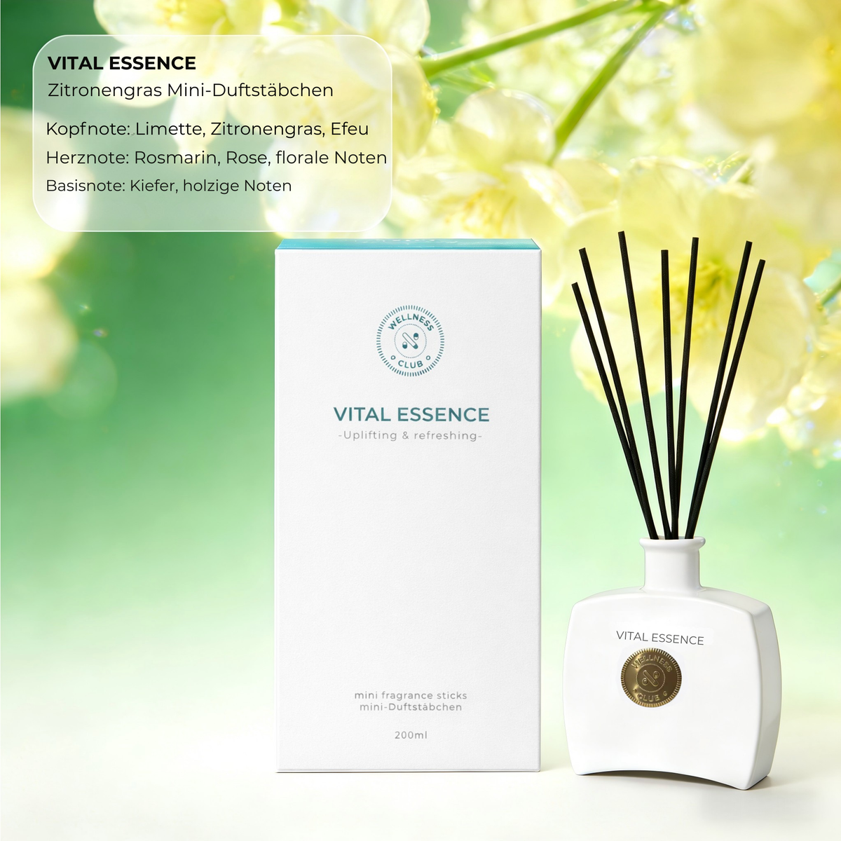 Wellness Club VITAL ESSENCE Zitronengras Diffusor 200 ml, 8 Rattanstäbchen