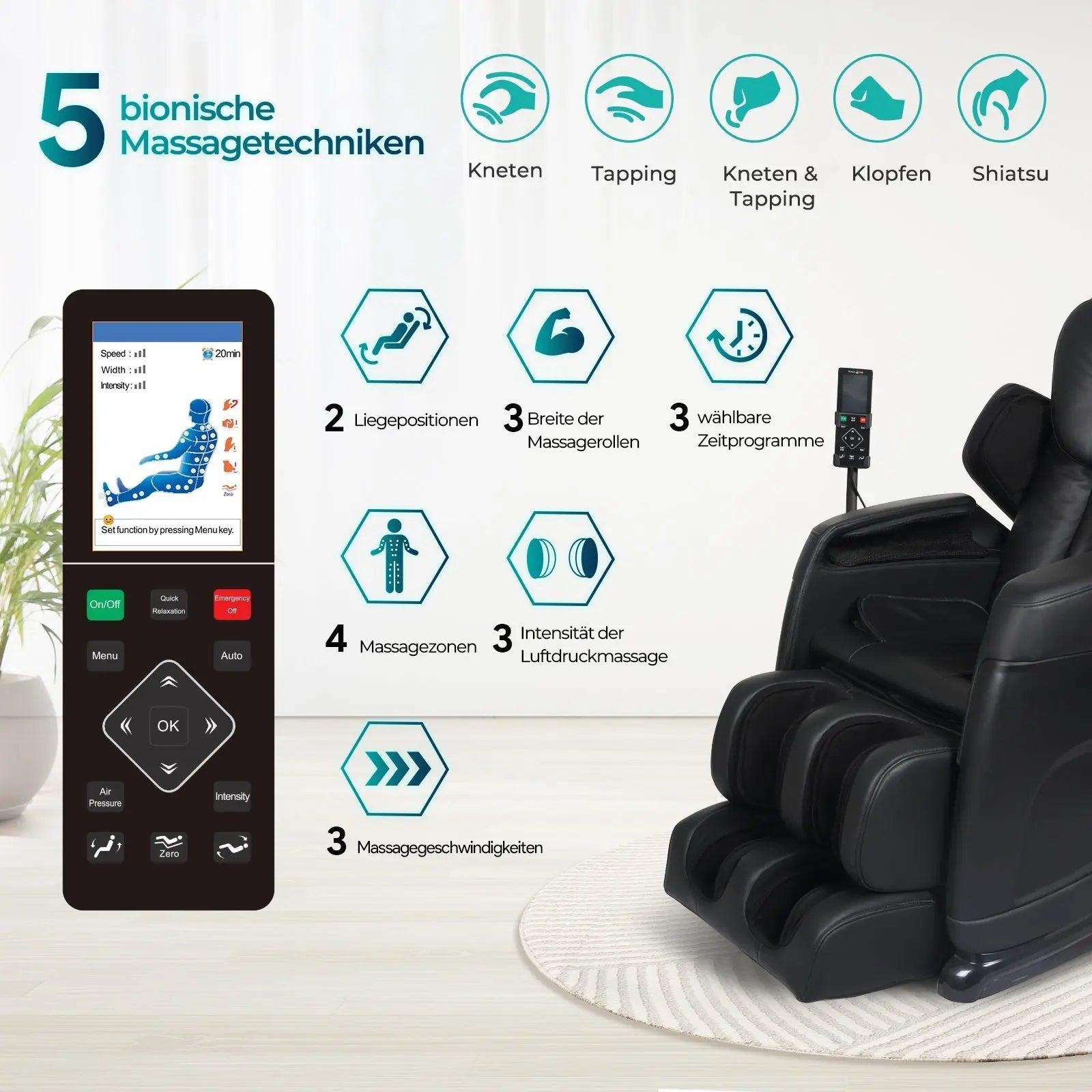 Aspria by NAIPO Massagesessel mit Liegefunktion "Classic-Comfort" Shiatsu mit Wärmefunktion, Zero-Gravity, Ganzkörpermassage, weiß-braun