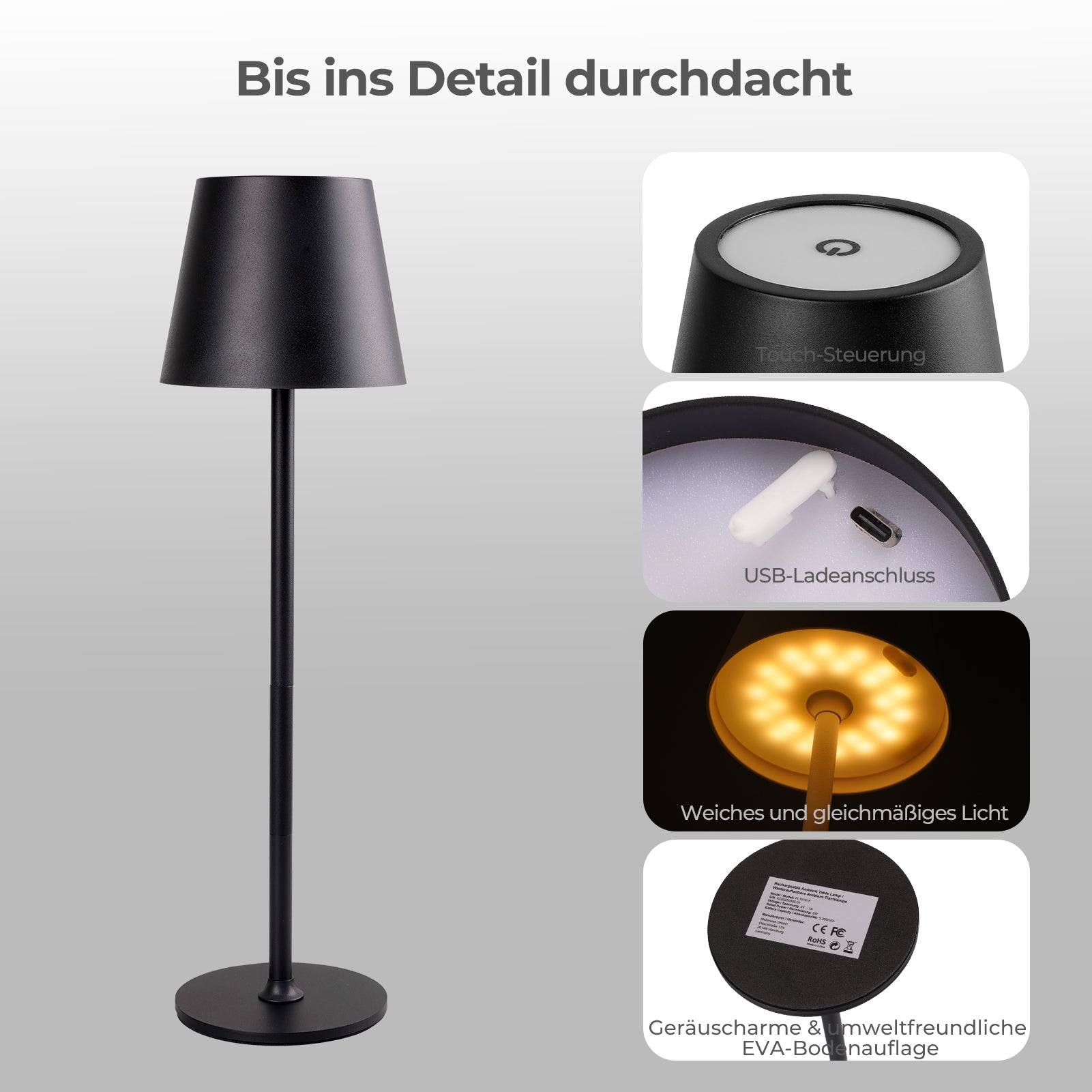 Rechargeable LED Table Lamp – Dimmable & Touch Control – 3 Color Temperature Modes – Height Adjustable – For Bedroom, Living Room, Office & Restaurant