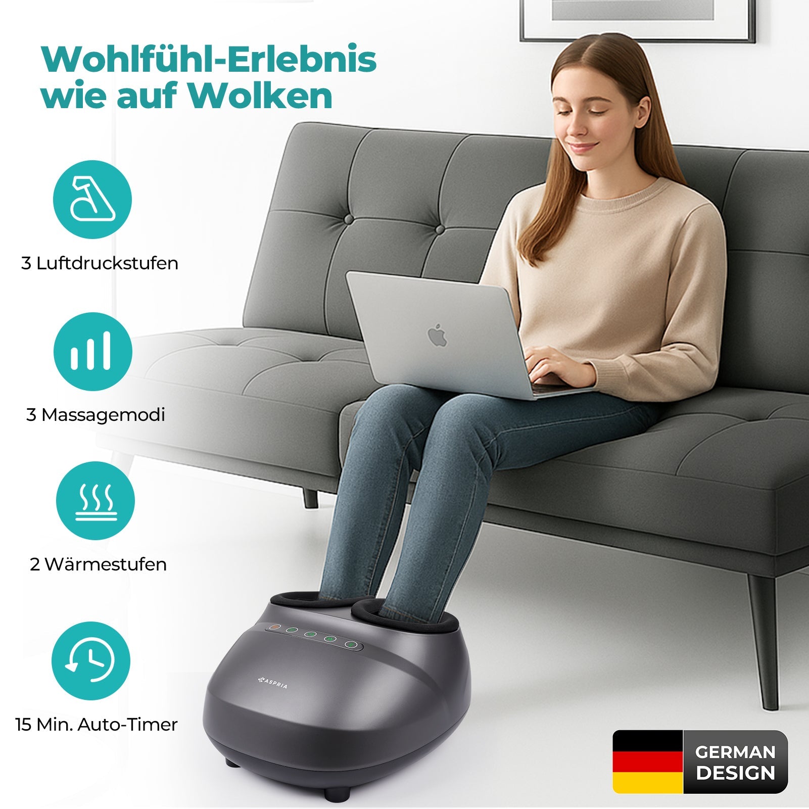 Aspria Cloudwalk Fußmassagegerät mit Wärmefunktion, Shiatsu Tiefkneten & 360° Luftkompression