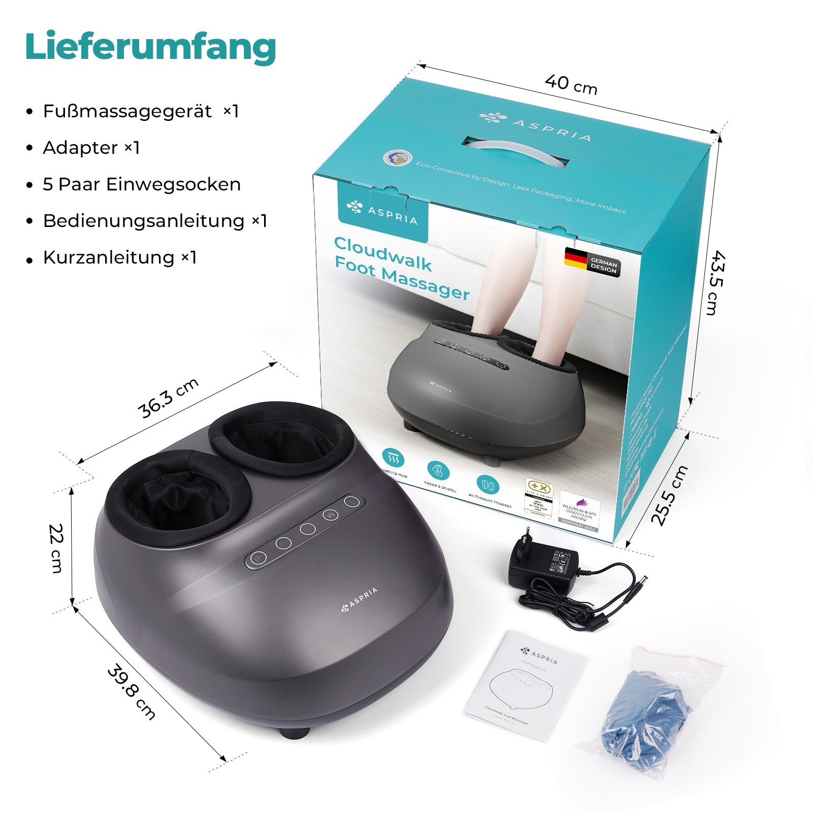 Aspria Cloudwalk Fußmassagegerät mit Wärmefunktion, Shiatsu Tiefkneten & 360° Luftkompression