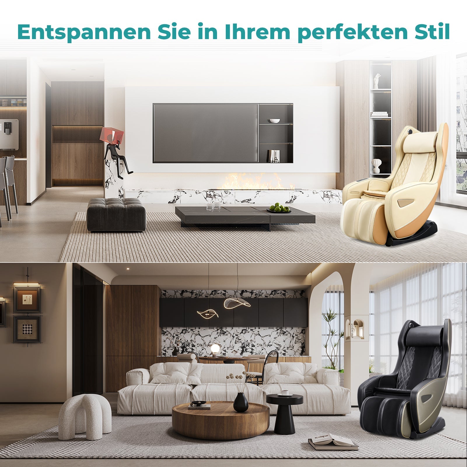 NAIPO Massagesessel mit Wärme | Design-Award | Bluetooth | Liegefunktion | Space-Saving | Creme-beige