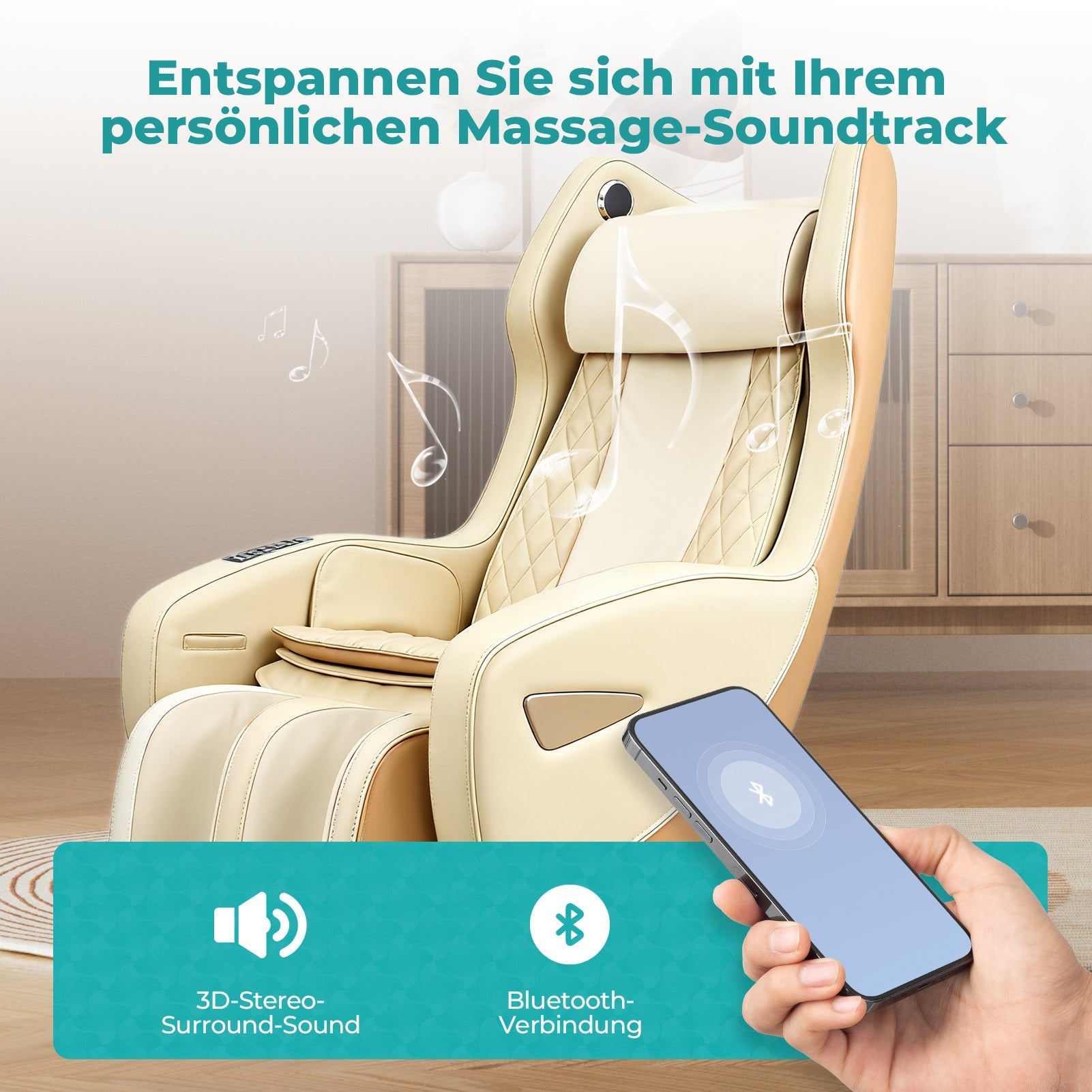 NAIPO Massagesessel mit Wärme | Design-Award | Bluetooth | Liegefunktion | Space-Saving | Creme-beige