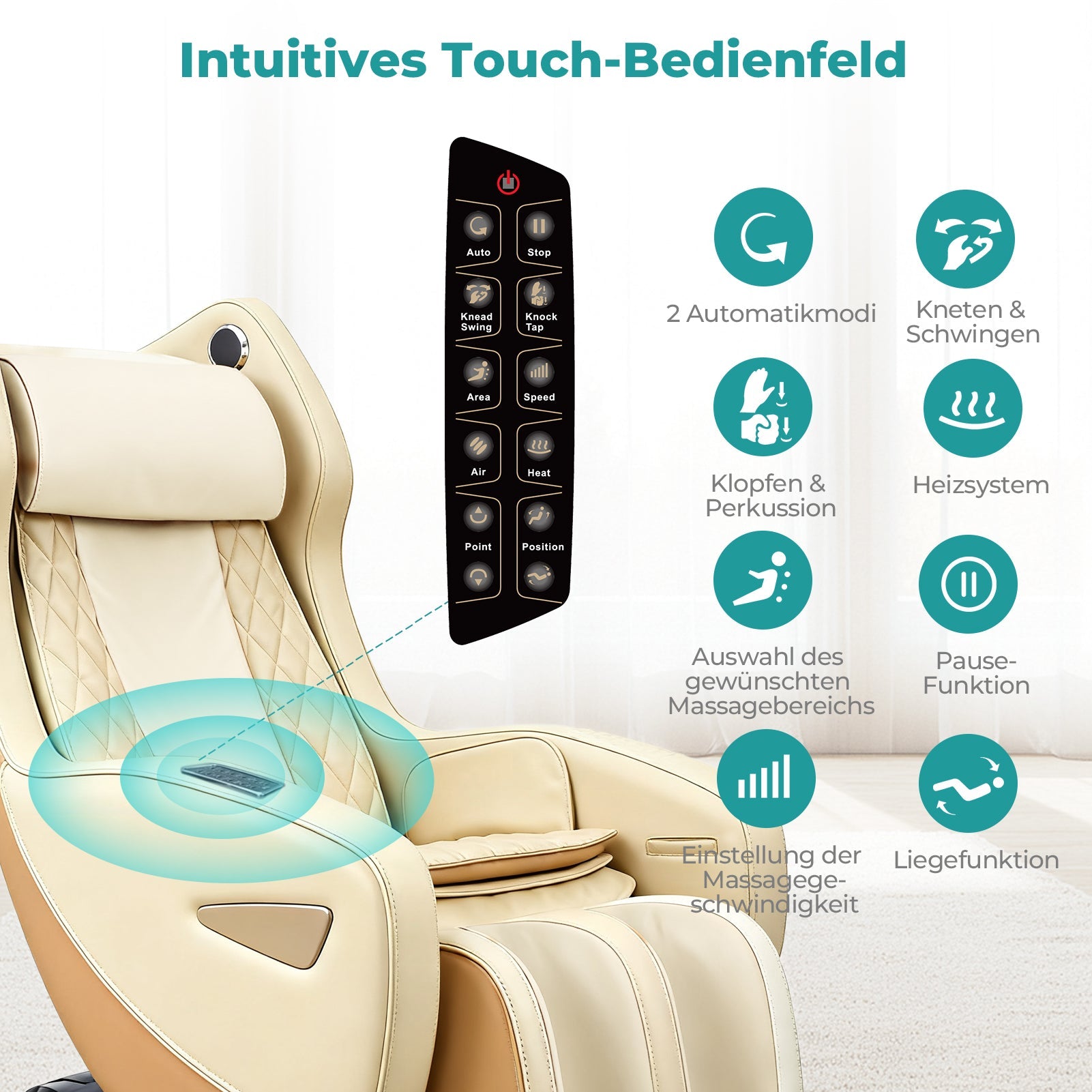 NAIPO Massagesessel mit Wärme | Design-Award | Bluetooth | Liegefunktion | Space-Saving | Creme-beige