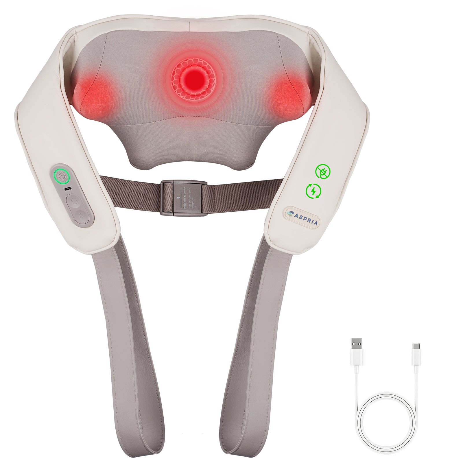 Aspria Neck and Shoulder Massager with Heat- Shiatsu Deep Tissue Back Massager for Pain Relief, Rechargeable Cordless Heating Neck Massager for Home, Office, Gifts for Men/Women/Mom/Dad