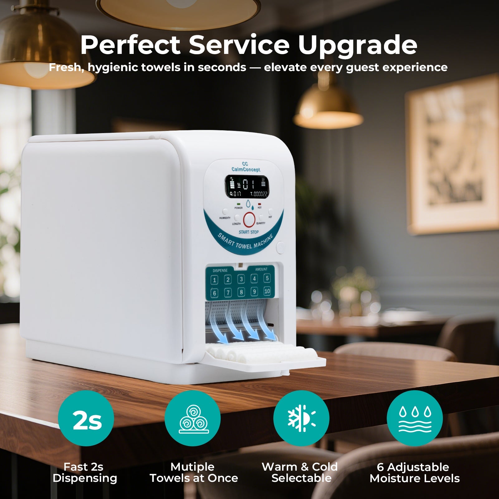 CalmConcept® Warmtuchspender mit Befeuchtung und Heizfunktion (bis zu 60 °C), LED-Display, schnelle 2s-Ausgabe, Hygienischer Einweg-Handtuchwärmer für Spa, Kosmetikstudio, Restaurant & Zuhause, Modell A