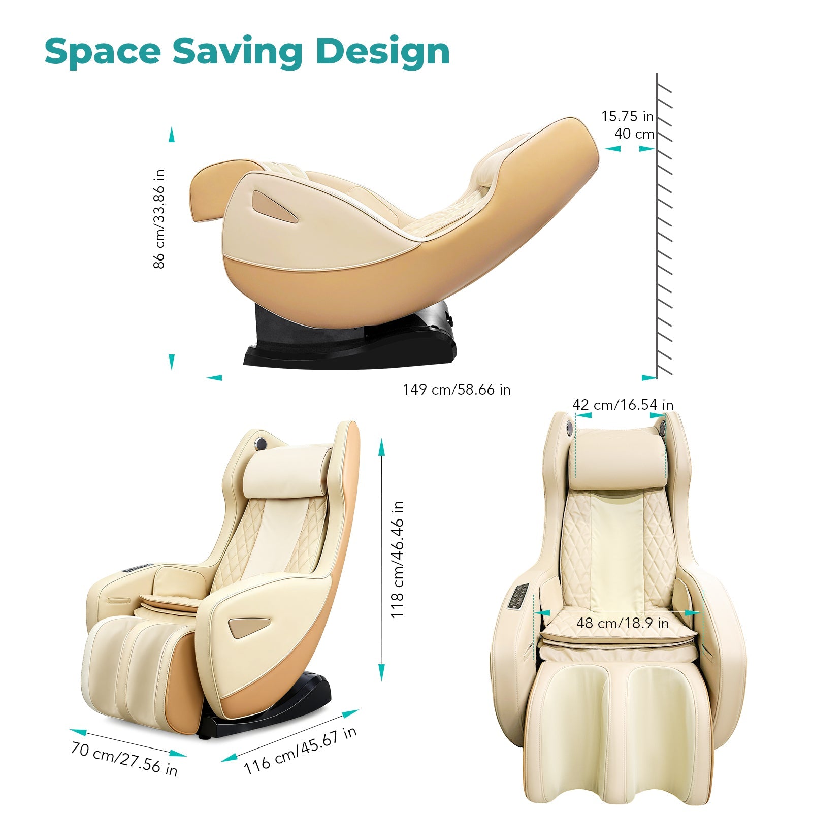 NAIPO Massagesessel mit Wärme | Design-Award | Bluetooth | Liegefunktion | Space-Saving | Creme-beige