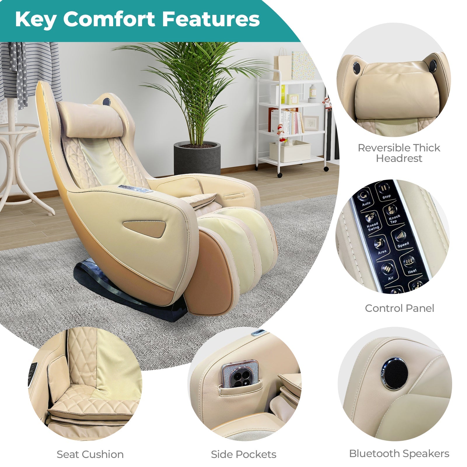 NAIPO Massagesessel mit Wärme | Design-Award | Bluetooth | Liegefunktion | Space-Saving | Creme-beige
