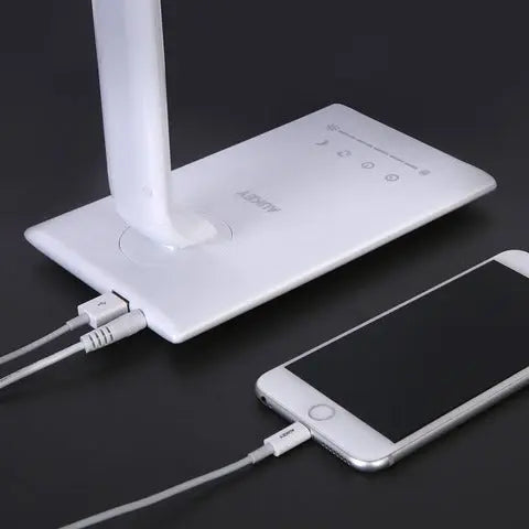 Aukey LT-T10-Whi LED Nachttischlampe, Berührungssteuerung Tischlampe mit 5 Farbtemperaturen, 5 Helligkeitsstufen, Nachtlichtmodus, 1-Stunden-Timer und USB-Ladeanschluss