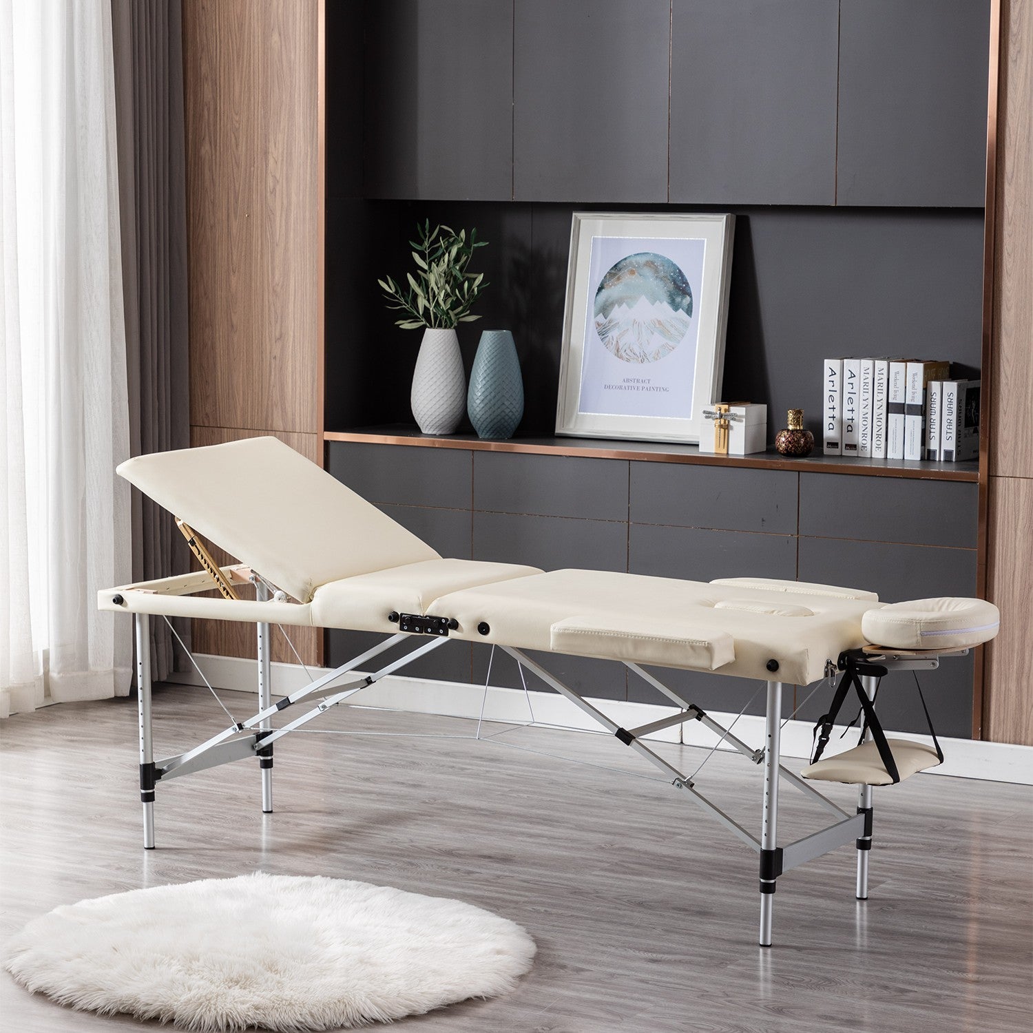 Massageliege 3-Zonen Massagetisch, höhenverstellbar, klappbar, Alu Kosmetikliege mit Premium weiches Kunstleder, inkl. Tasche mit Rollen, 185 x 60cm, TÜV GS zertifiziert