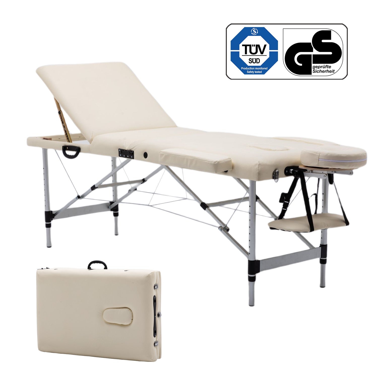Massageliege 3-Zonen Massagetisch, höhenverstellbar, klappbar, Alu Kosmetikliege mit Premium weiches Kunstleder, inkl. Tasche mit Rollen, 185 x 60cm, TÜV GS zertifiziert
