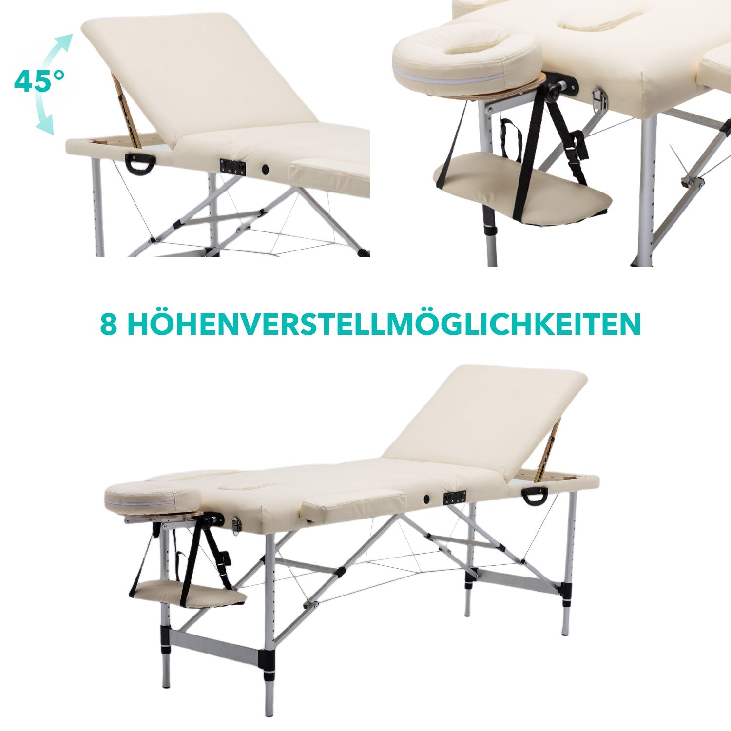 Massageliege 3-Zonen Massagetisch, höhenverstellbar, klappbar, Alu Kosmetikliege mit Premium weiches Kunstleder, inkl. Tasche mit Rollen, 185 x 60cm, TÜV GS zertifiziert