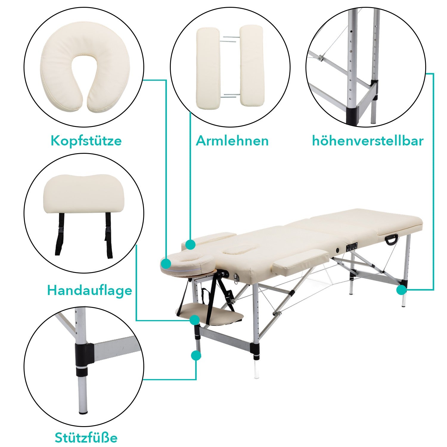 Massageliege 3-Zonen Massagetisch, höhenverstellbar, klappbar, Alu Kosmetikliege mit Premium weiches Kunstleder, inkl. Tasche mit Rollen, 185 x 60cm, TÜV GS zertifiziert