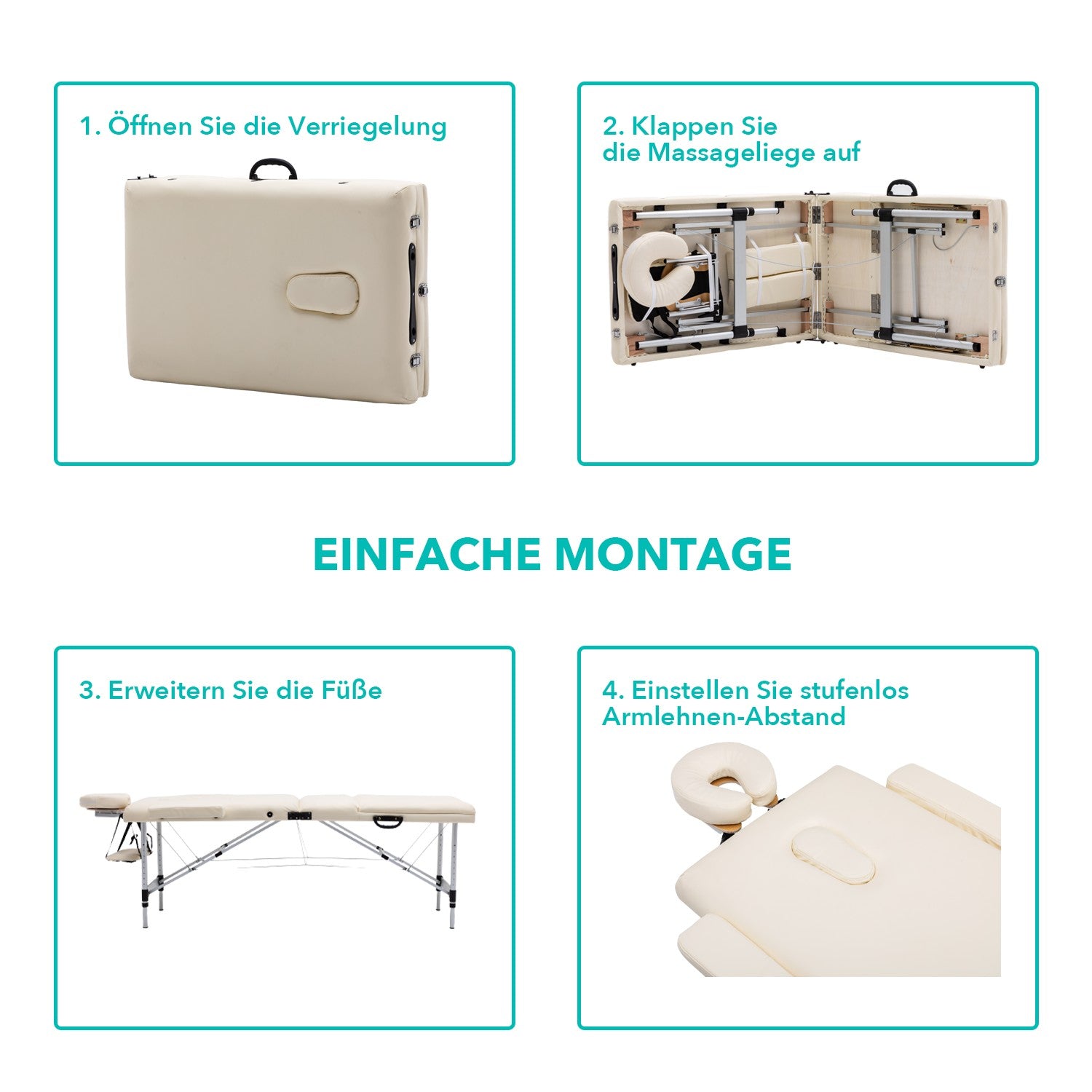 Massageliege 3-Zonen Massagetisch, höhenverstellbar, klappbar, Alu Kosmetikliege mit Premium weiches Kunstleder, inkl. Tasche mit Rollen, 185 x 60cm, TÜV GS zertifiziert