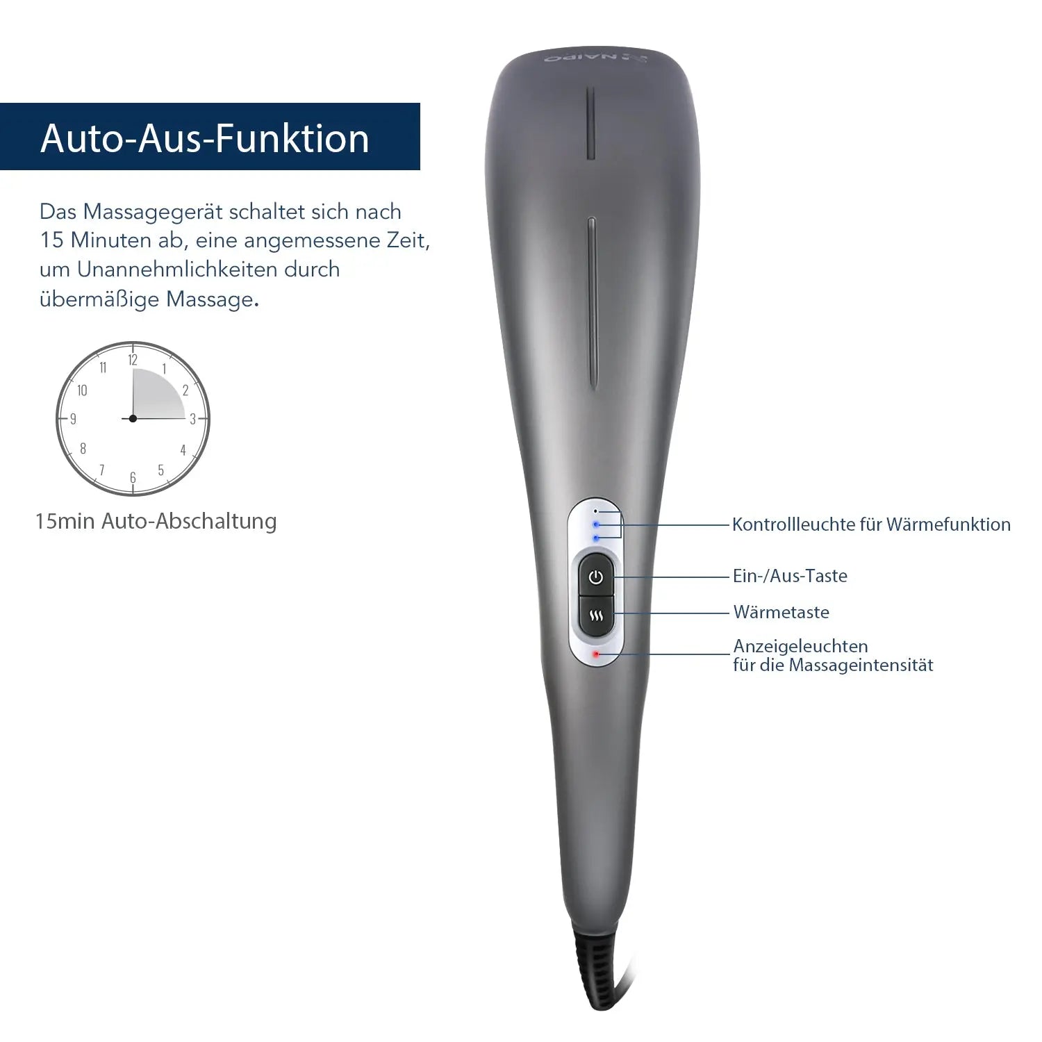 NAIPO Massagegerät Infrarot Wärmefunktion, 4 Aufsätze, verschiedene Intensitäten