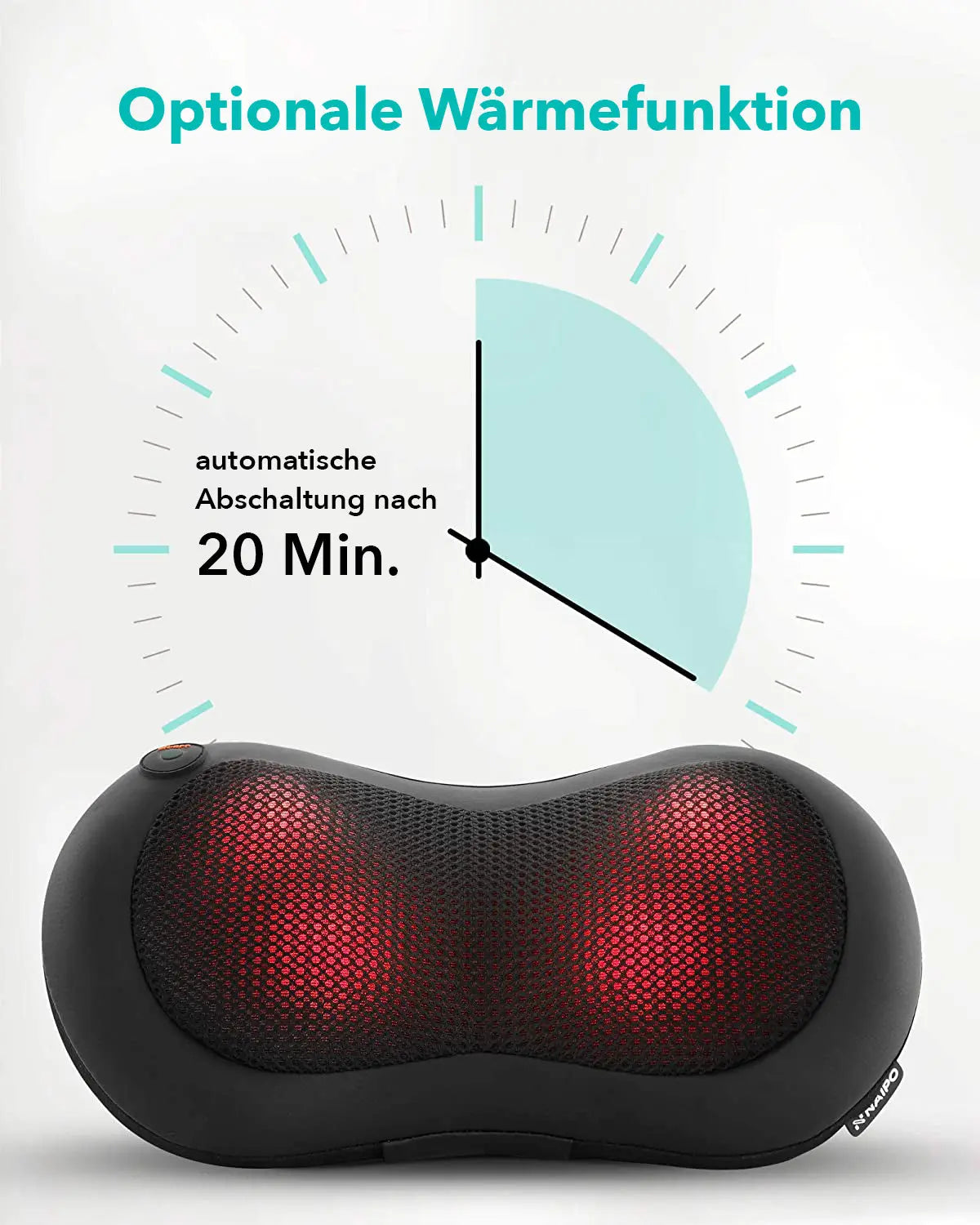 NAIPO Shiatsu Massagekissen Nacken Massagegerät mit Infrarot & Wärmefunktion, 4 3D-rotierenden Massageköpfen