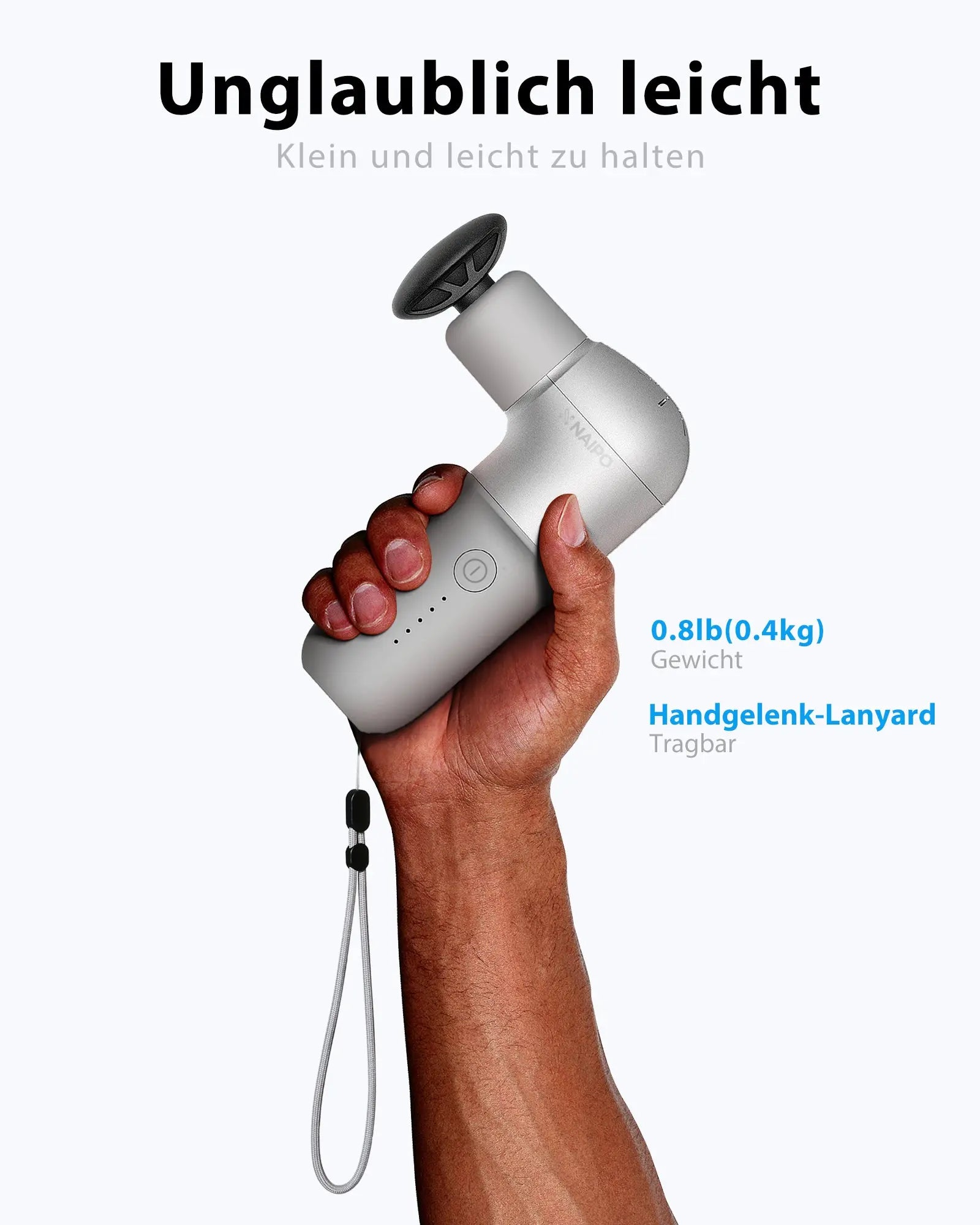 NAIPO® Mini Pro - Massagepistole, Kompakt & Leistungsstark, 5 Intensitätsstufen, inkl. 4 Aufsätze