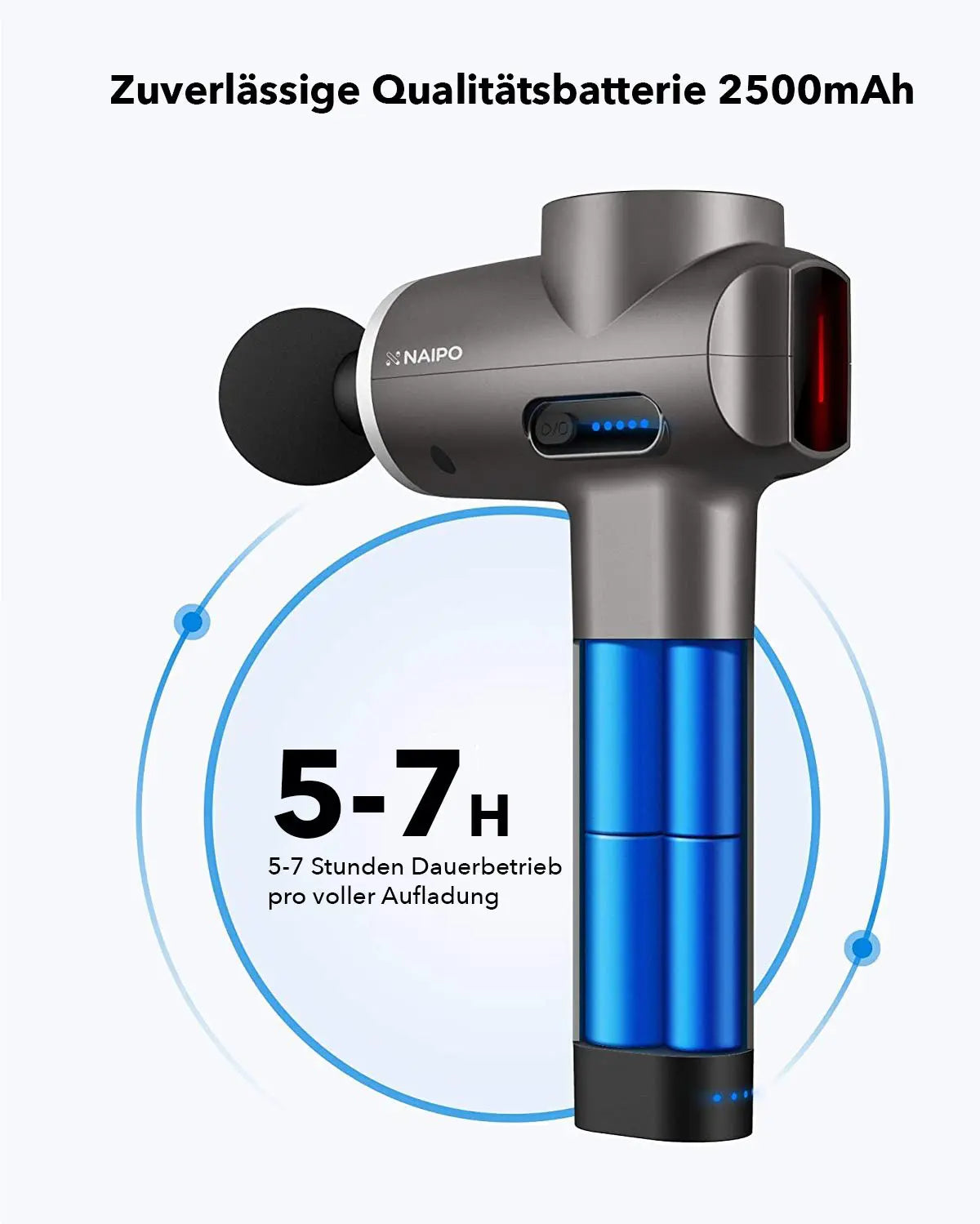 NAIPO® Pro - Massagepistole, einstellbare Intensität, inkl. 5 Aufsätze für Nacken, Schulter, Rücken