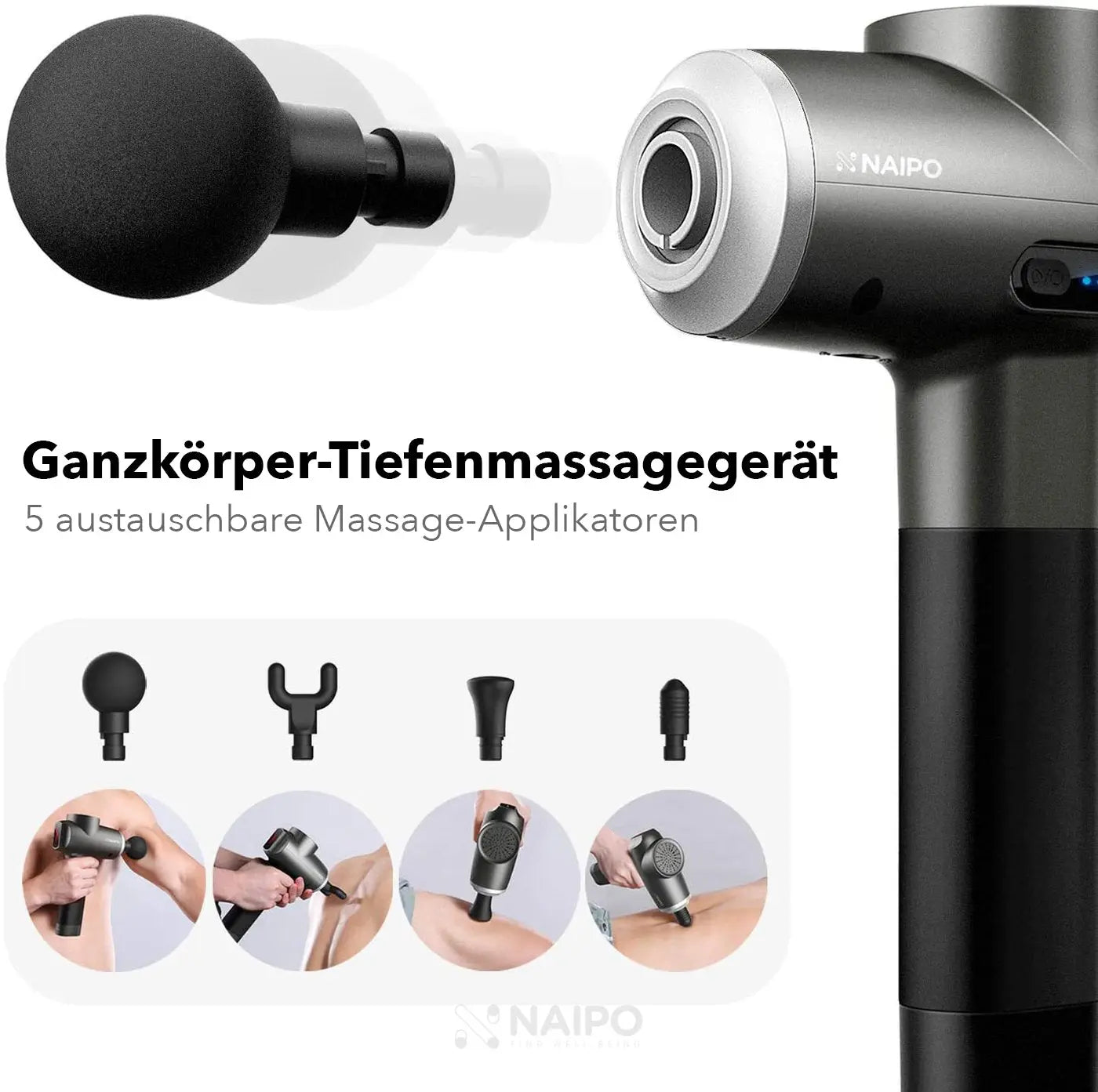 NAIPO® Pro - Massagepistole, einstellbare Intensität, inkl. 5 Aufsätze für Nacken, Schulter, Rücken