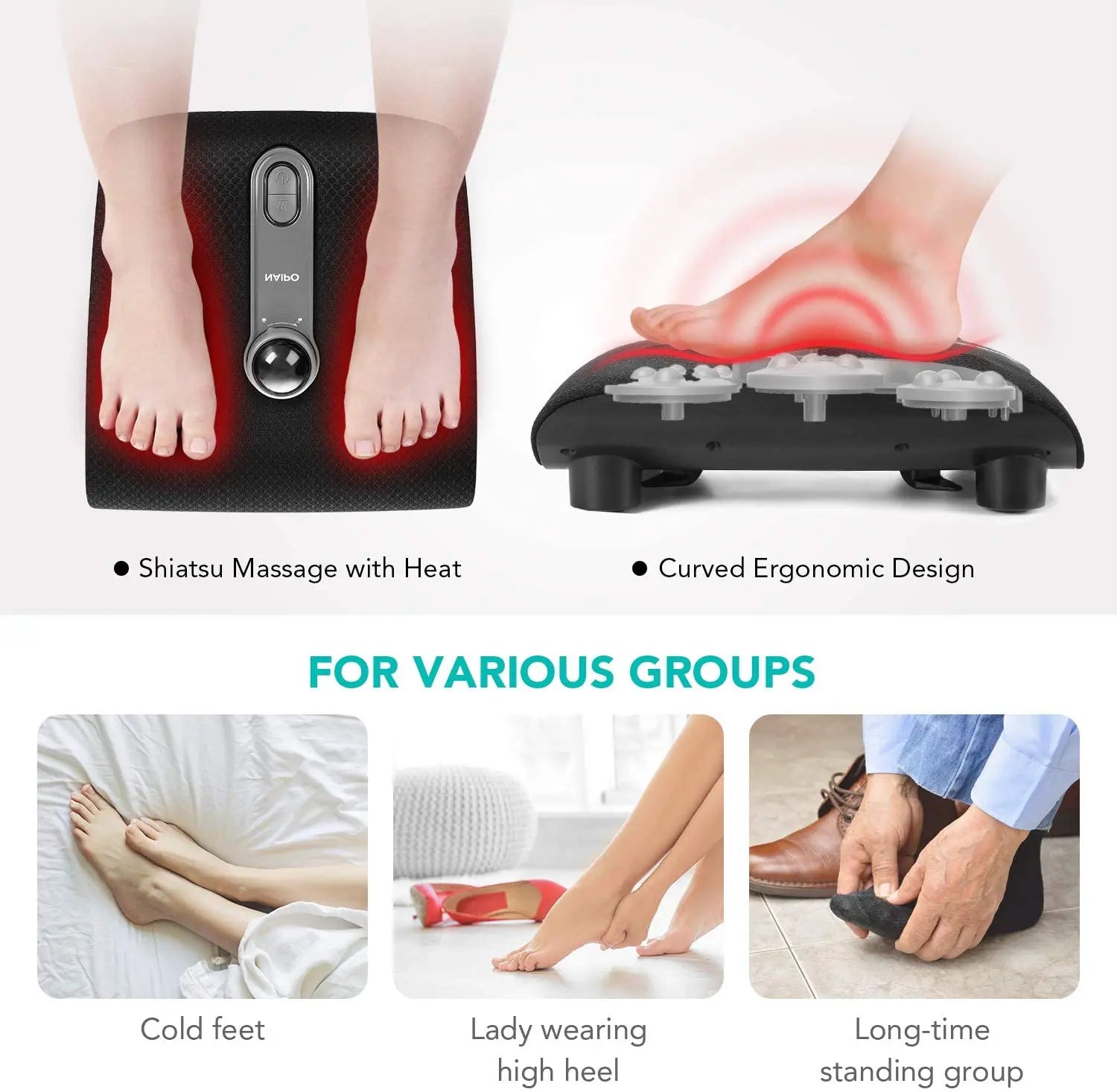 Naipo Fussmassagegerät Shiatsu Fußmassagegerät Elektrische Fussmassage it Wärmefunktion und 18 Massageknoten für Fußpflege für Zuhause Büro