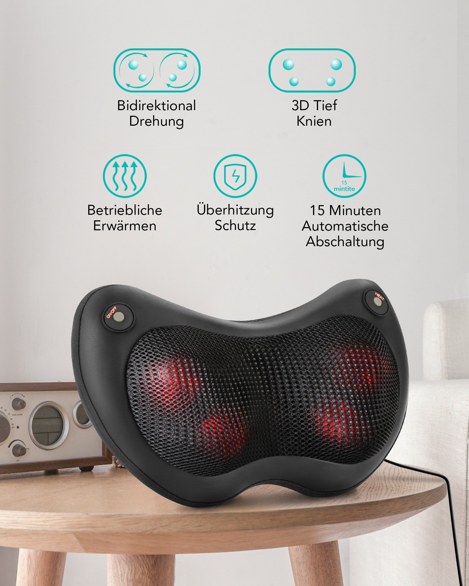 Naipo Massagegerät Shiatsu Massagekissen mit Wärmefunktion, für Nacken Schulter Rücken