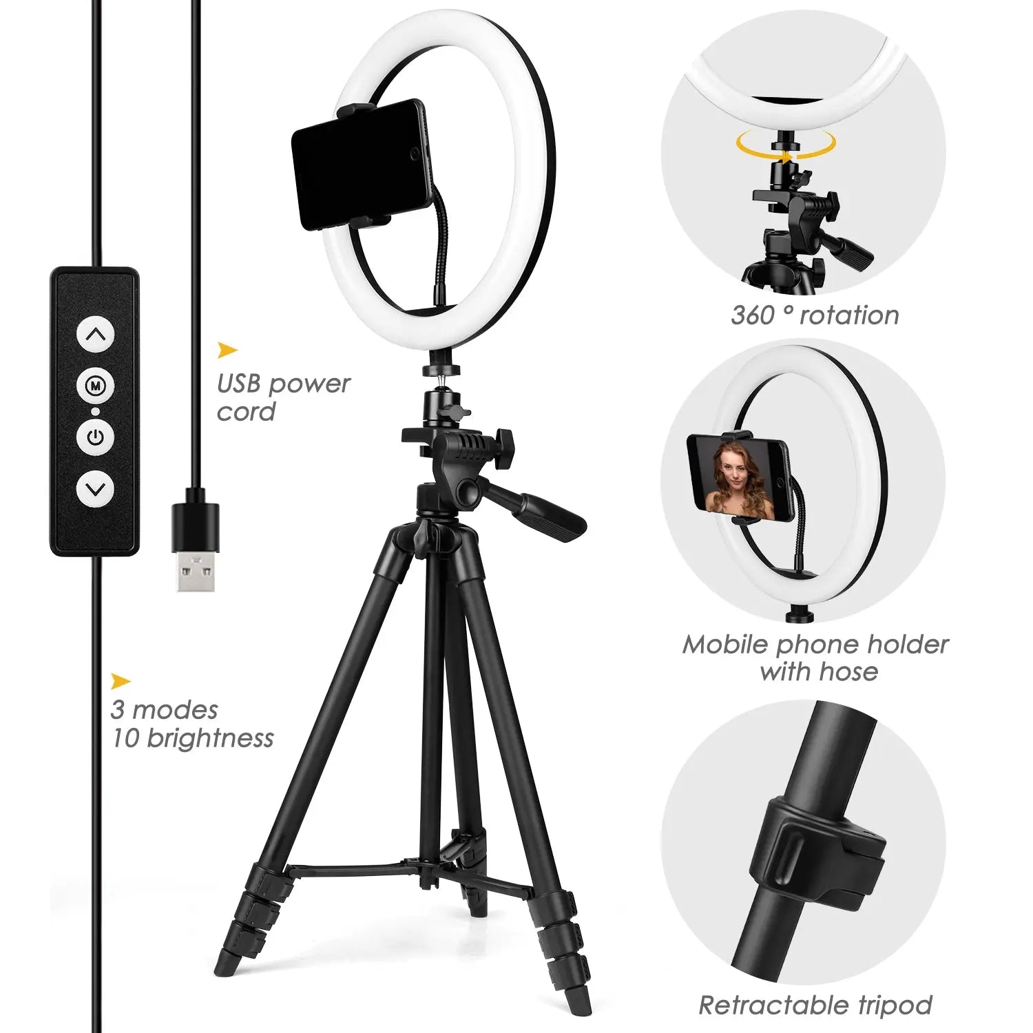 Ringlicht 10 Zoll mit Stativ - 3 Farben Dimmbar 3000K-5600K Einstellbare Helligkeit 360°Drehung Gimbals, LED Ring Light USB mit Fernbedienung und Handyhalterung, für Makeup/Videoanruf/Selfie