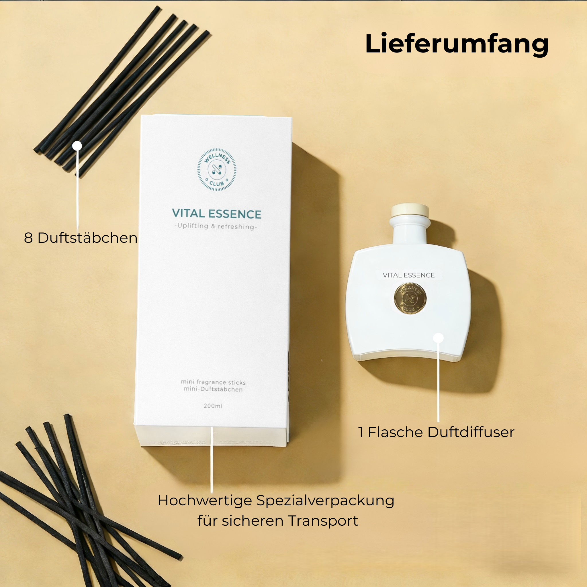 Wellness Club VITAL ESSENCE Zitronengras Diffusor 200 ml, 8 Rattanstäbchen