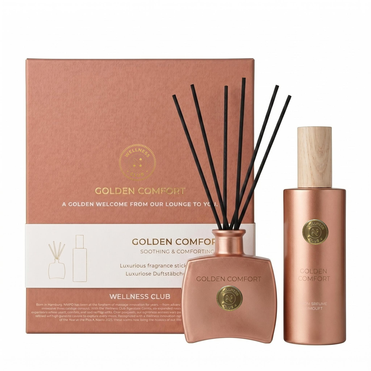 Wellness Club GOLDEN COMFORT Vanille Geschenkset – Räucherstäbchen Diffusor 100ml + Raumduft Spray 200ml