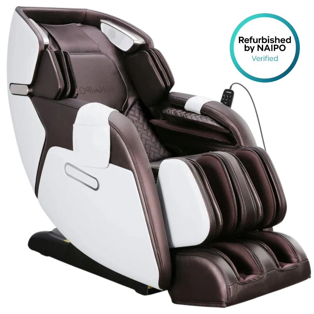 NAIPO Premium 3D Massagesessel Wärmefunktion, Shiatsu, Zero Gravity, Bluetooth Surround Sound, Braun/Weiß, Gebraucht/Generalüberholt