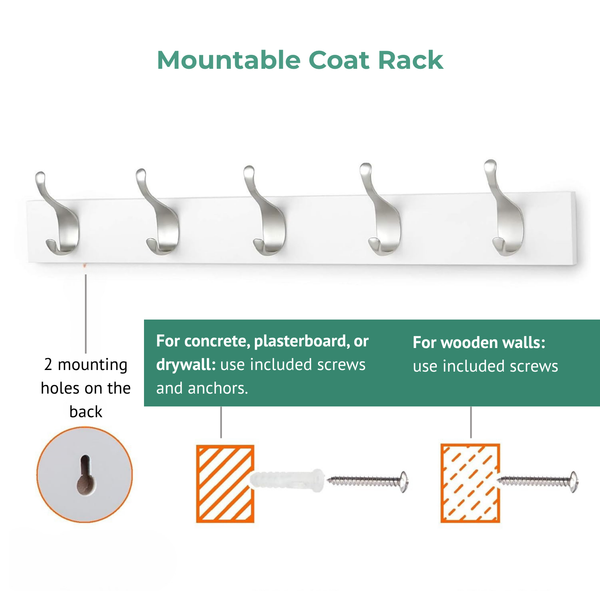 Alsterwell Coat Rack, 22.4 Inch (57 cm) Hook Rack with 5-Hook Organizer, Rectangular Wood Wall-Mounted, for Coats, Jackets, Bags, White (Pre-sell)