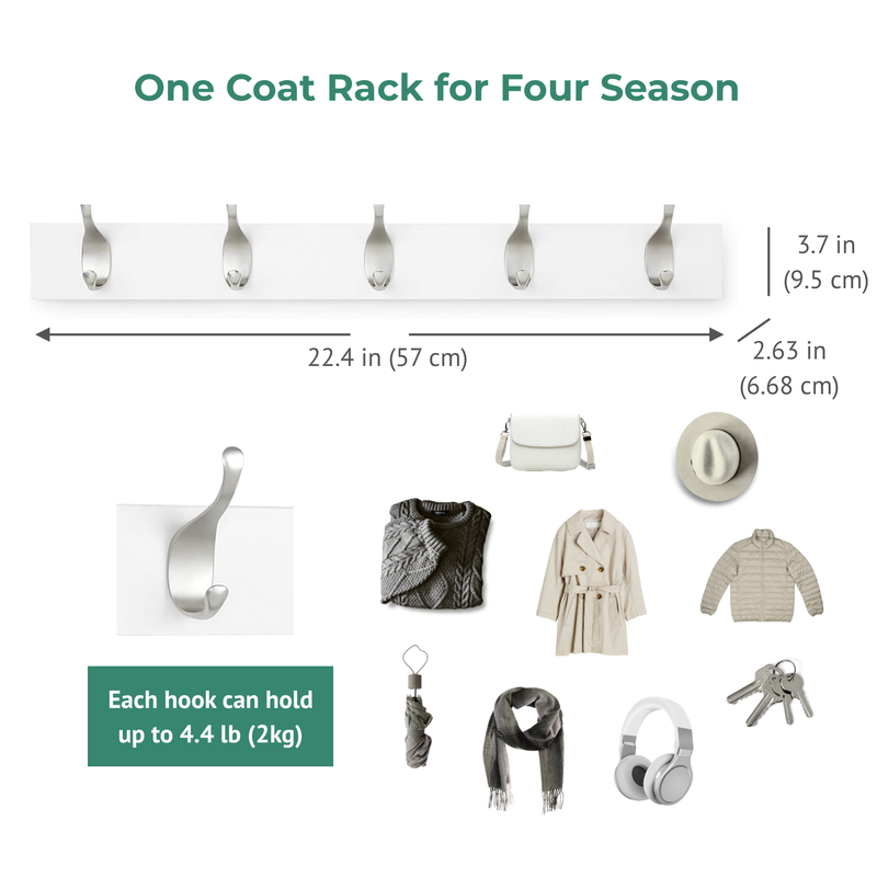 Alsterwell Coat Rack, 22.4 Inch (57 cm) Hook Rack with 5-Hook Organizer, Rectangular Wood Wall-Mounted, for Coats, Jackets, Bags, White (Pre-sell)