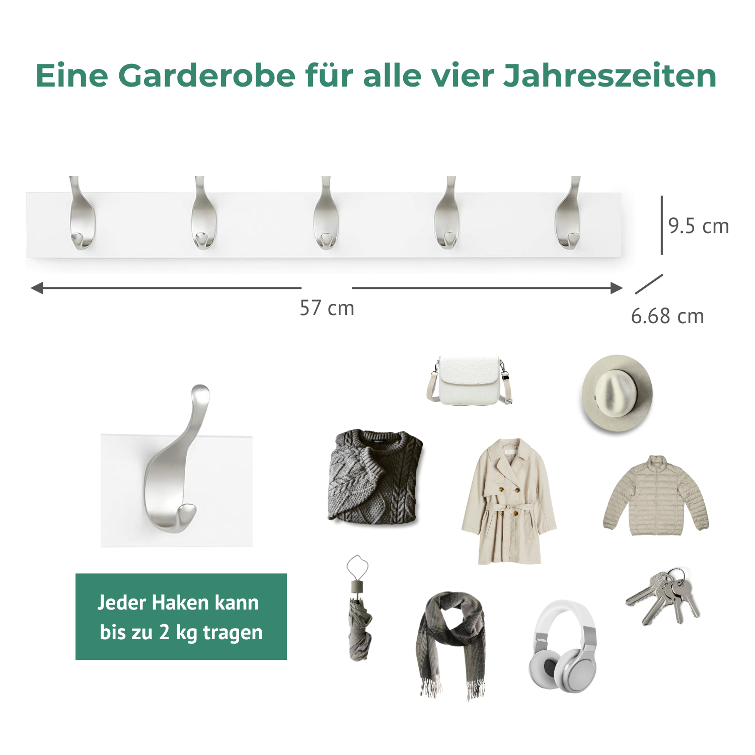 Friends Of NAIPO® Garderobenleiste, 57 cm Hakenleiste mit 5 Haken – Wandgarderobe für Mäntel, Jacken, Taschen, Weiß