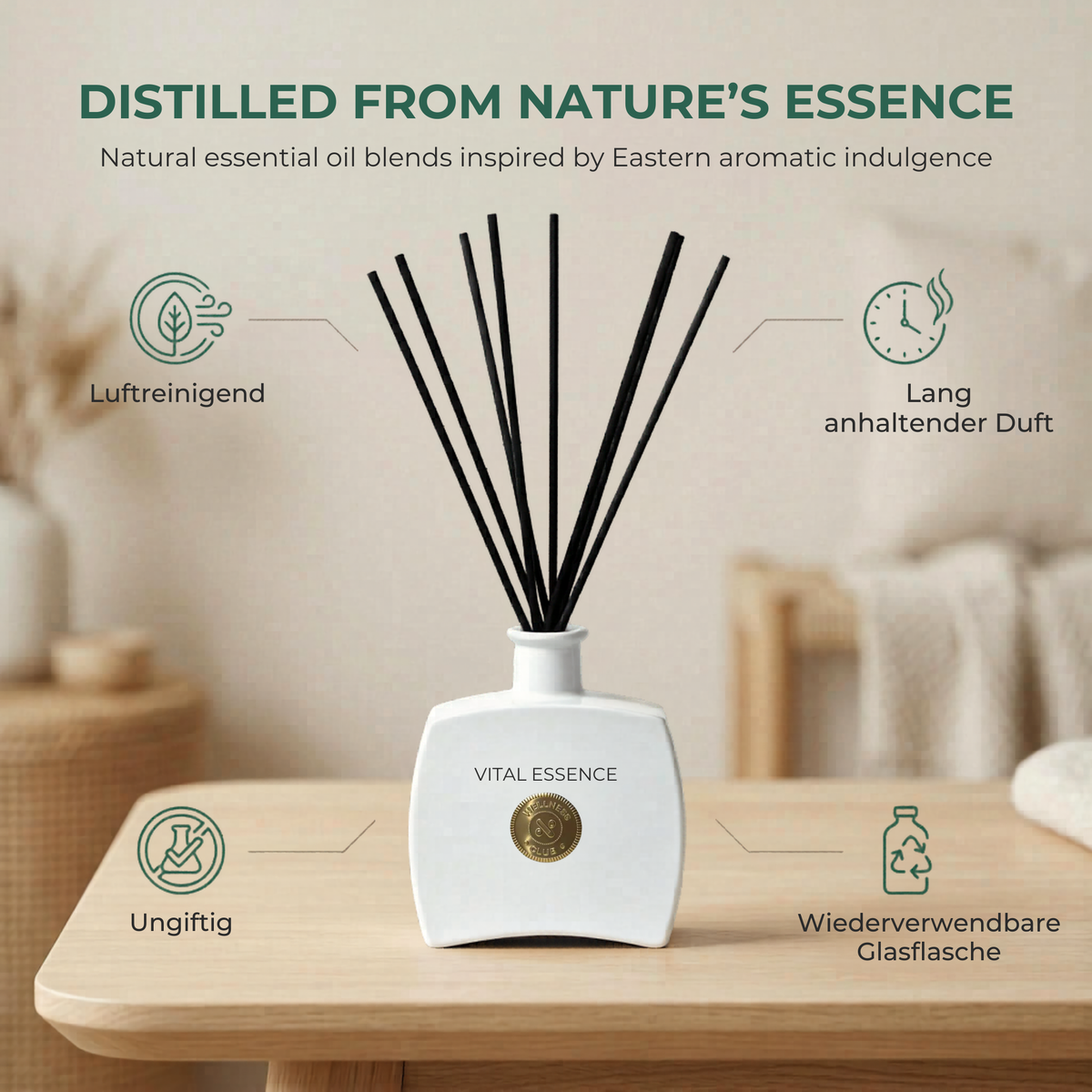 Wellness Club VITAL ESSENCE Zitronengras Diffusor 200 ml, 8 Rattanstäbchen