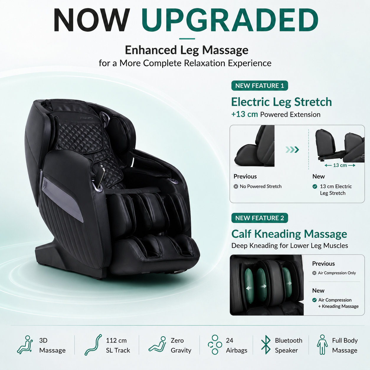 Naipo A350 PRO Massage Chair 2026- 15 Auto Programs, Electric Calf Extension & Calf Kneading, 24 Airbags, 3D SL Track Shiatsu Zero Gravity Full Body Massage Chair with Heat, Bluetooth & USB for Home & Office
