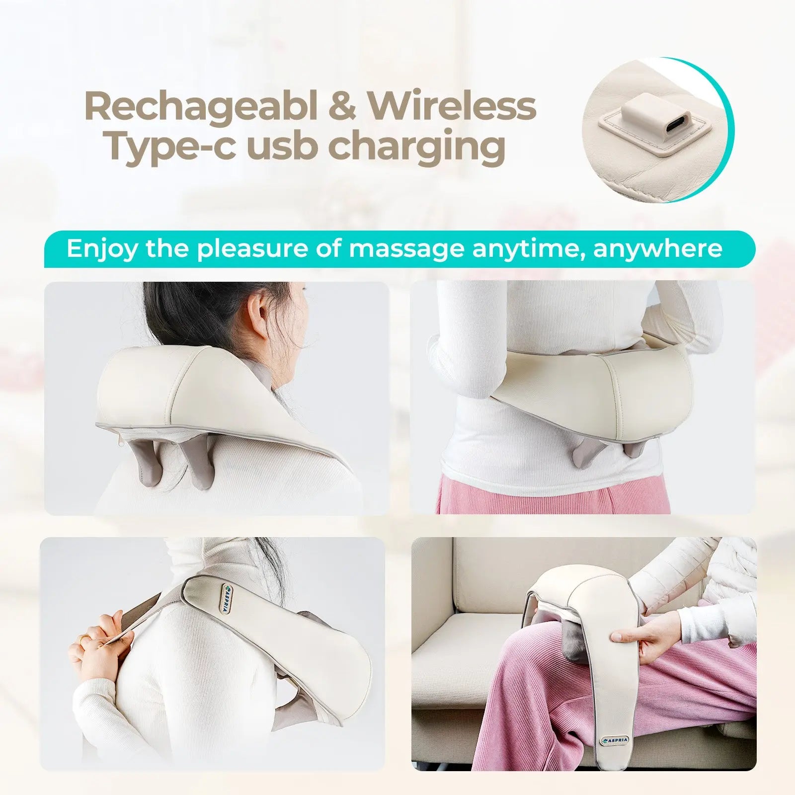 ASPRIA by NAIPO 5D Shiatsu Nackenmassagegerät mit Wärme, wiederaufladbar, Tragbares Schultermassagegerät für Nacken, Schulter, Rücken, Beine und Ganzkörpermassage, Beige