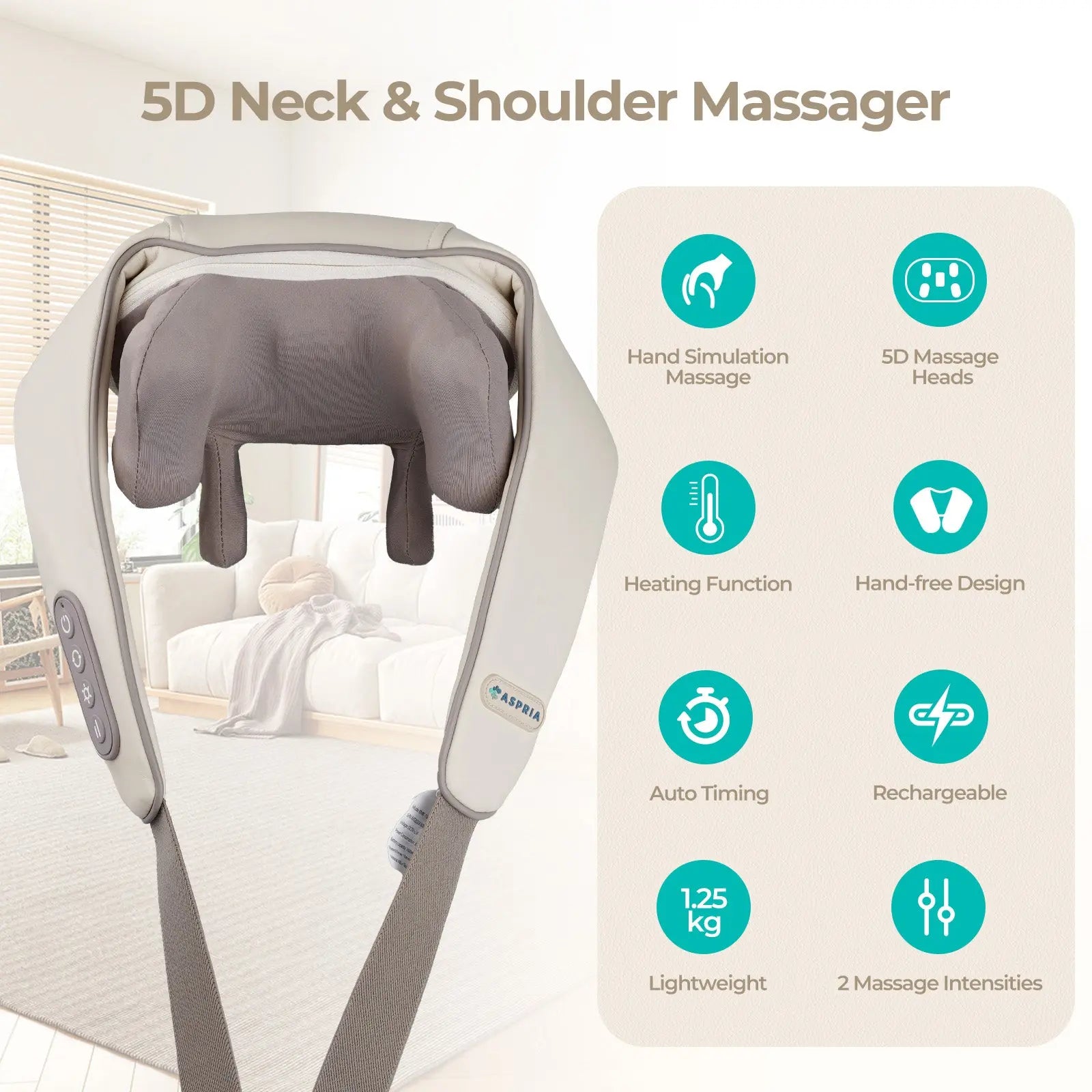 ASPRIA by NAIPO 5D Shiatsu Nackenmassagegerät mit Wärme, wiederaufladbar, Tragbares Schultermassagegerät für Nacken, Schulter, Rücken, Beine und Ganzkörpermassage, Beige