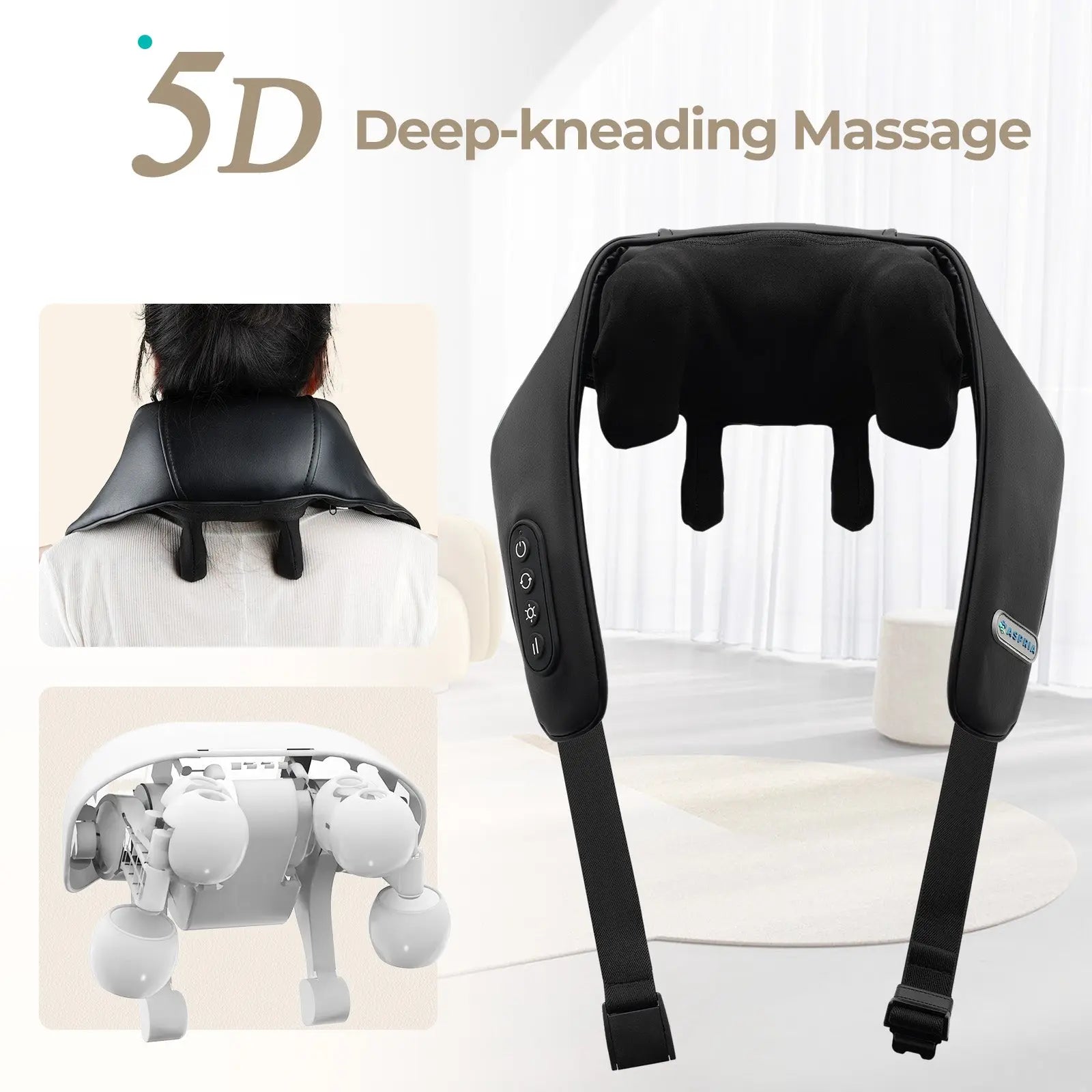 Aspria by NAIPO 5D Shiatsu Nackenmassagegerät mit Wärme, wiederaufladbar, Tragbares Schultermassagegerät für Nacken, Schulter, Rücken, Beine und Ganzkörpermassage, Schwarz