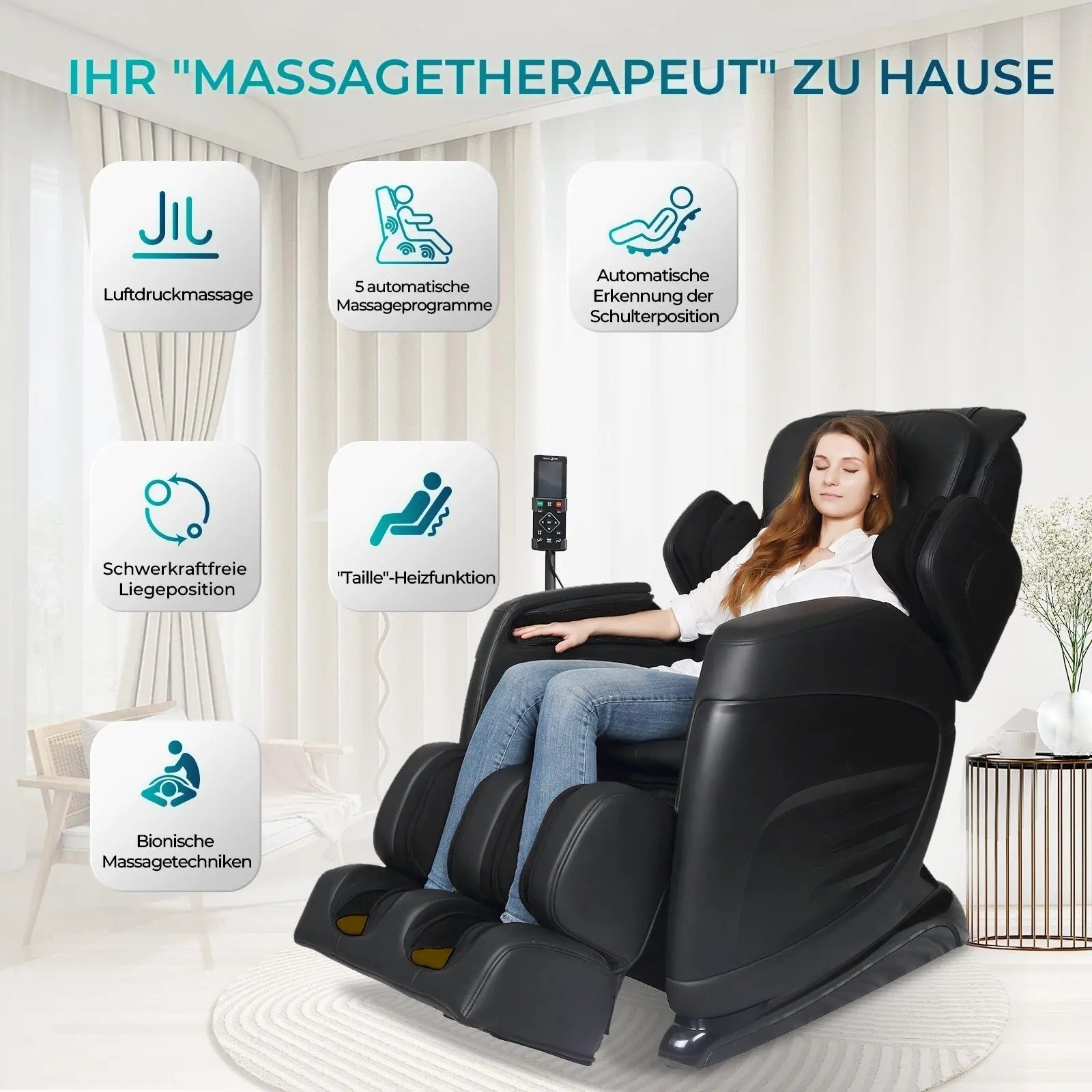 Aspria by NAIPO Massagesessel mit Liegefunktion "Classic-Comfort" Shiatsu mit Wärmefunktion, Zero-Gravity, Ganzkörpermassage, weiß-braun