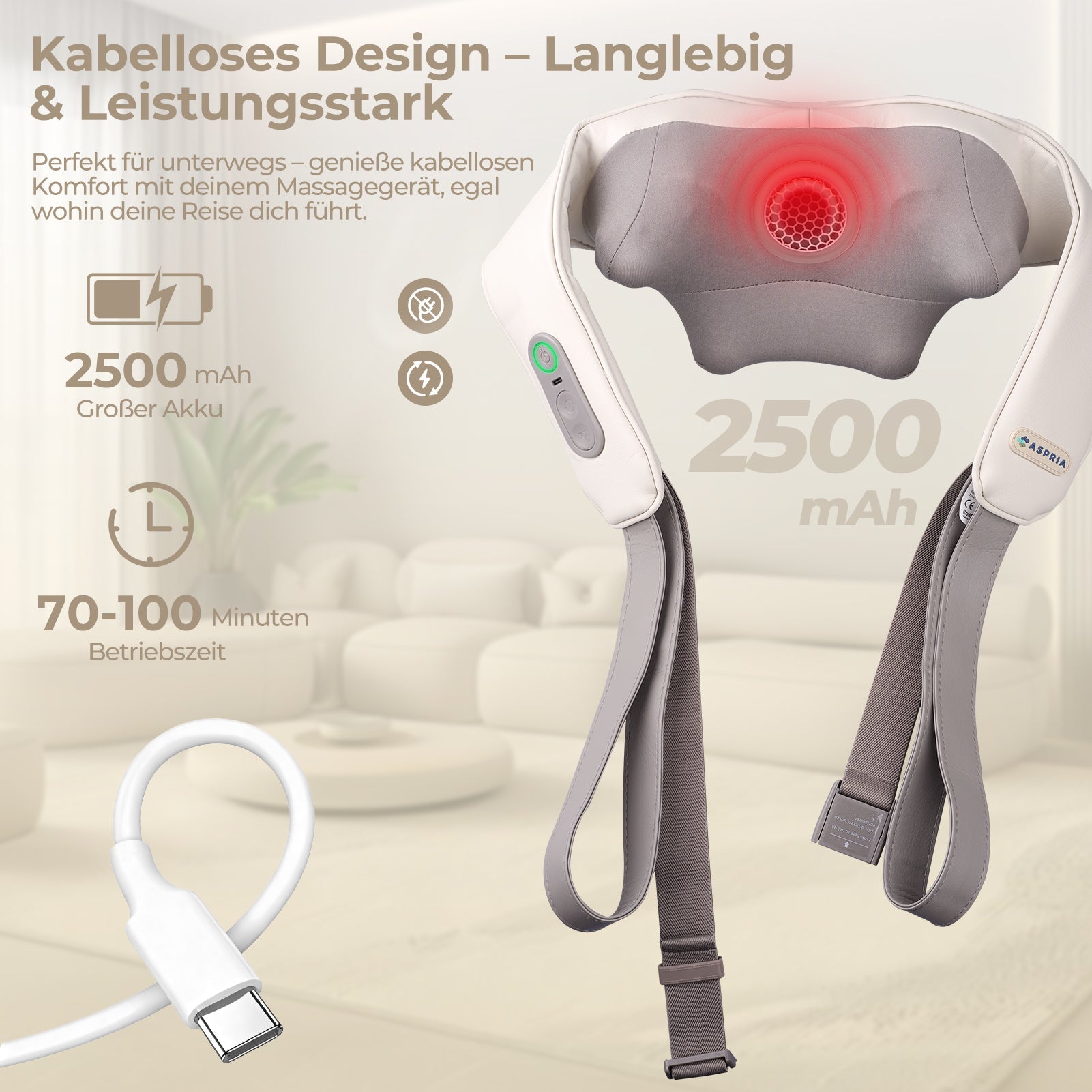 Aspria Shiatsu Nackenmassagegerät mit Wärme – Elektrisches Massagegerät für Schulter und Rücken, Kabelloses Rückenmassagegerät mit Akku, Shiatsu Nackenmassage zur Entspannung, für Damen & Herren