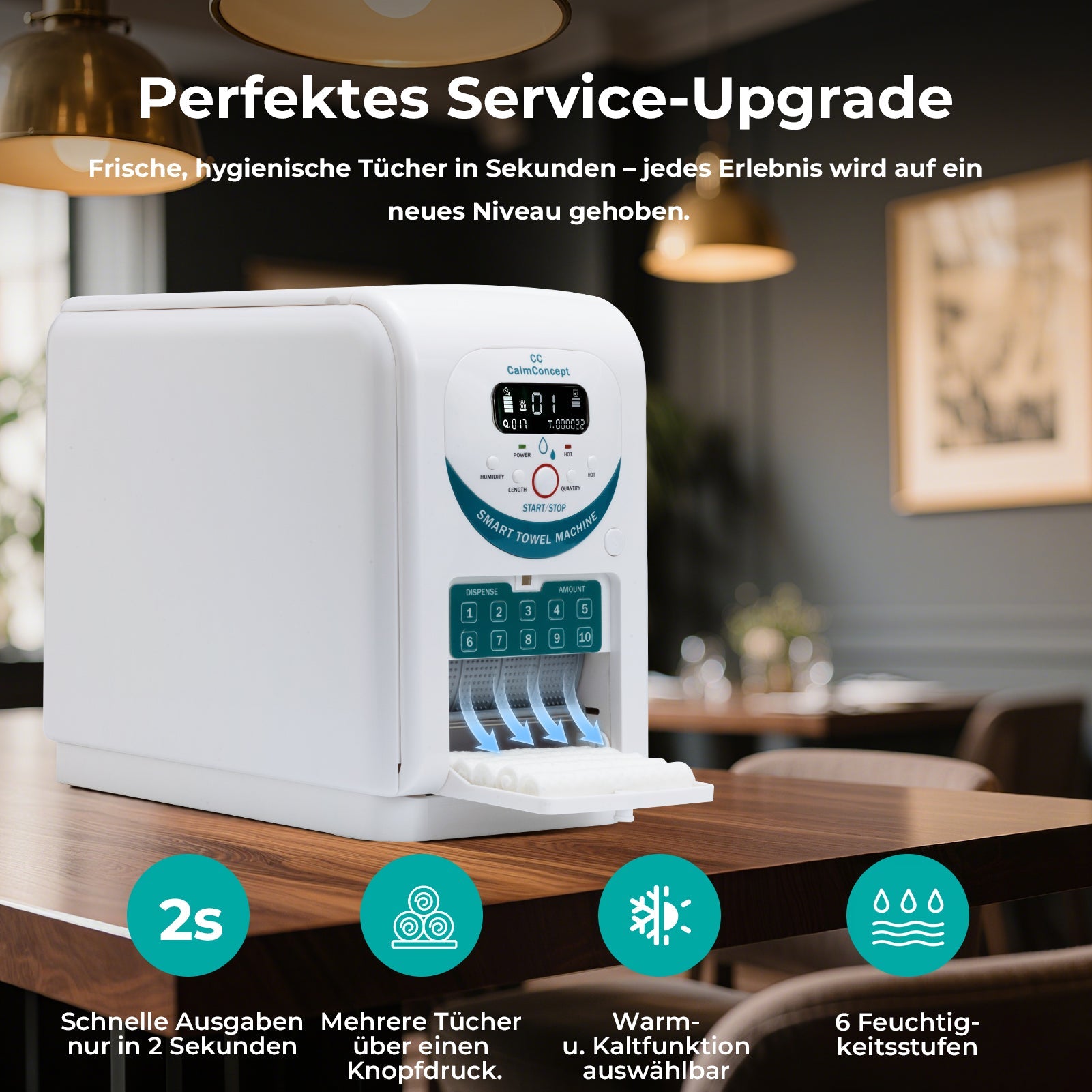 CalmConcept® Warmtuchspender mit Befeuchtung und Heizfunktion (bis zu 60 °C), LED-Display, schnelle 2s-Ausgabe, Hygienischer Einweg-Handtuchwärmer für Spa, Kosmetikstudio, Restaurant & Zuhause, Modell A