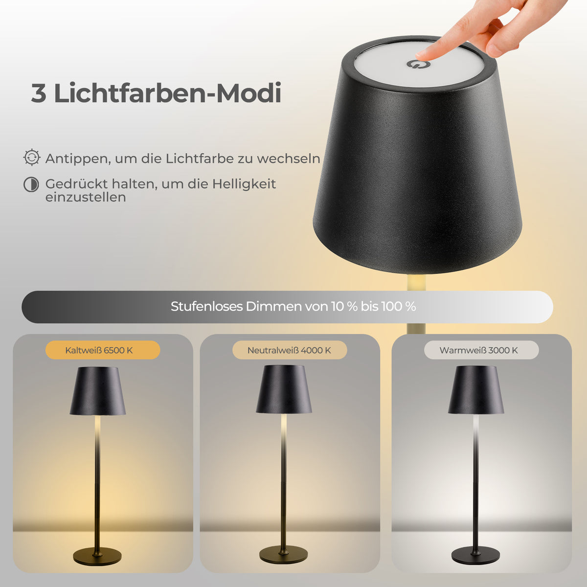 Rechargeable LED Table Lamp – Dimmable & Touch Control – 3 Color Temperature Modes – Height Adjustable – For Bedroom, Living Room, Office & Restaurant