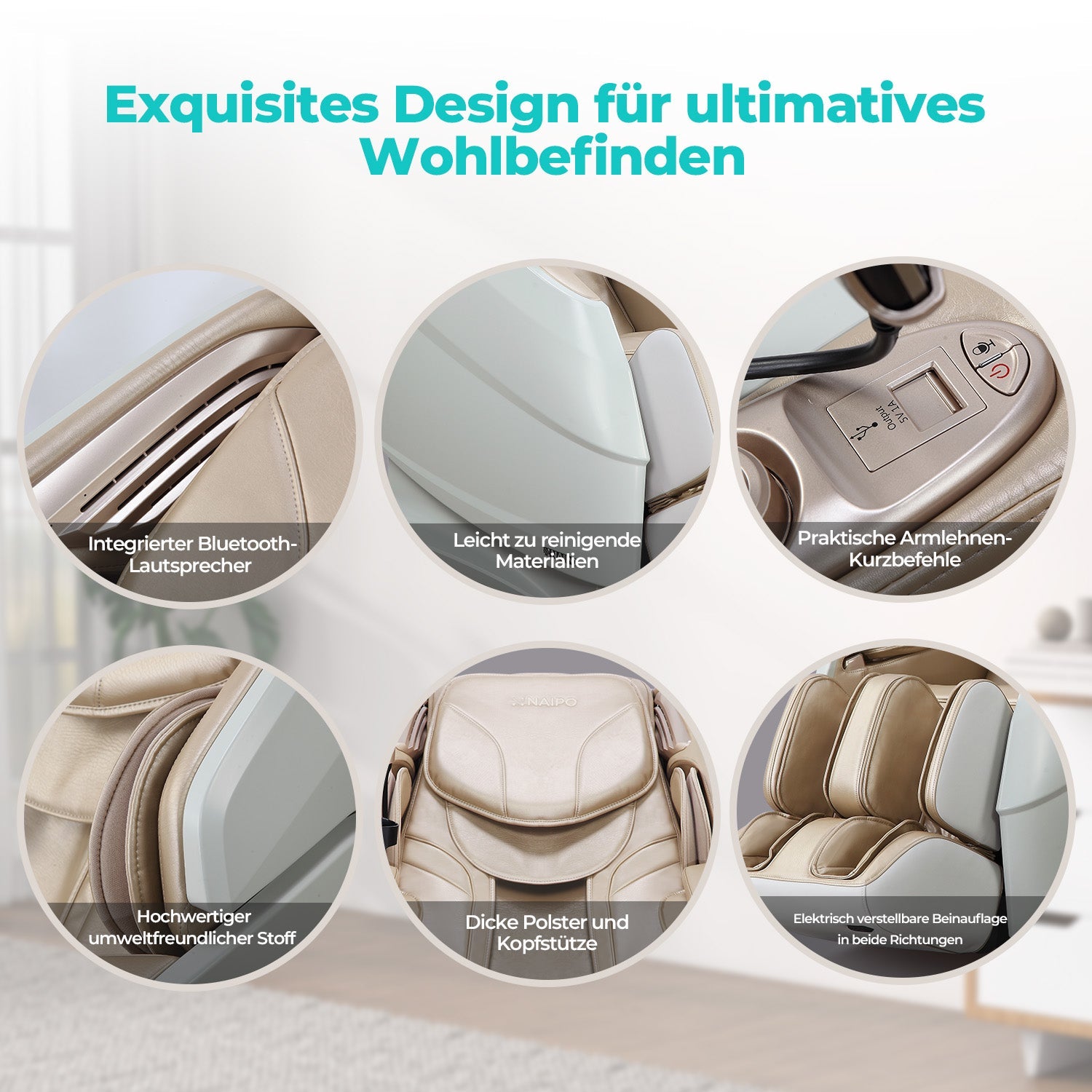 Naipo 3D Massagesessel R50 weiß, High-End Massagestuhl, Wärmefuktion