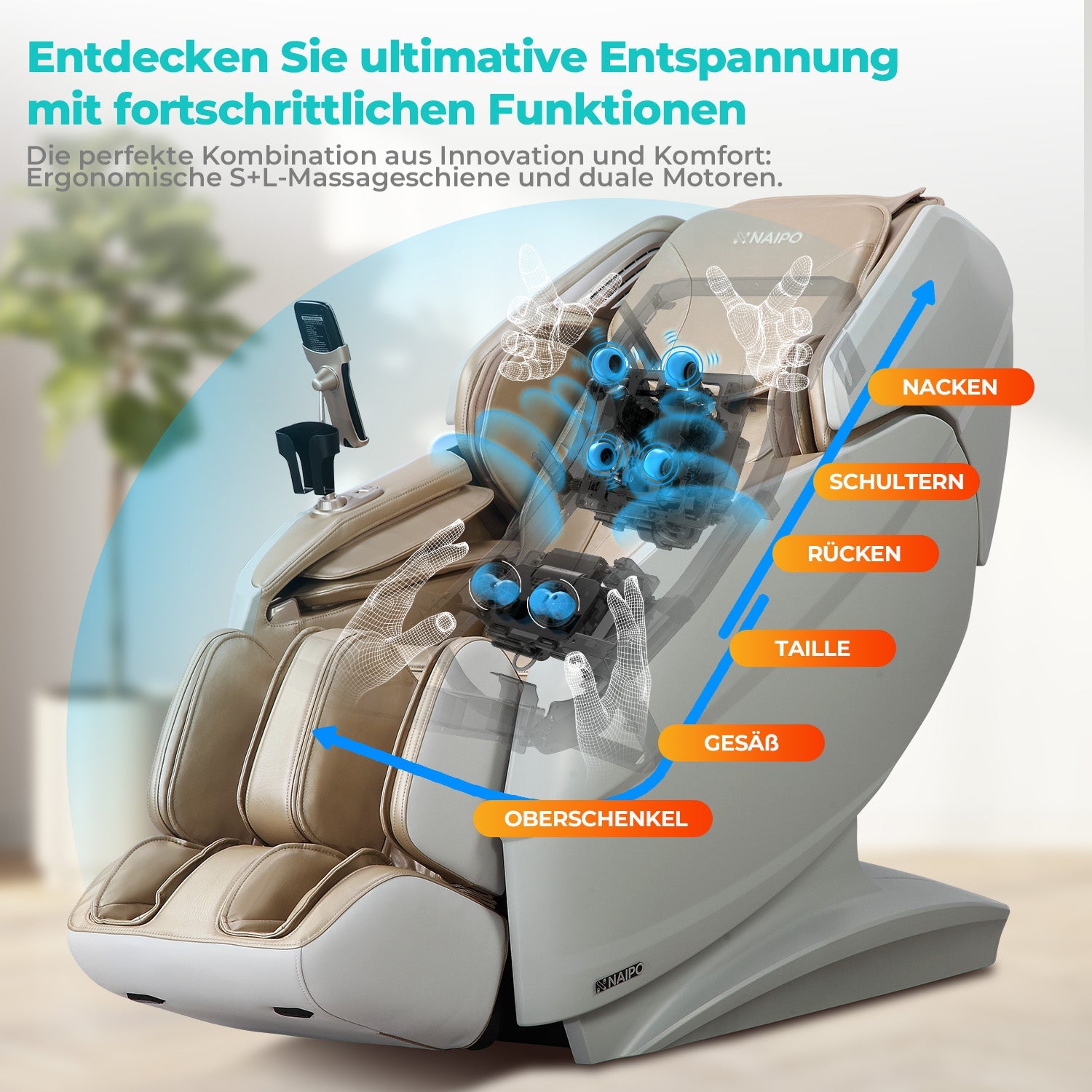 Naipo 3D Massagesessel R50 weiß, High-End Massagestuhl, Wärmefuktion