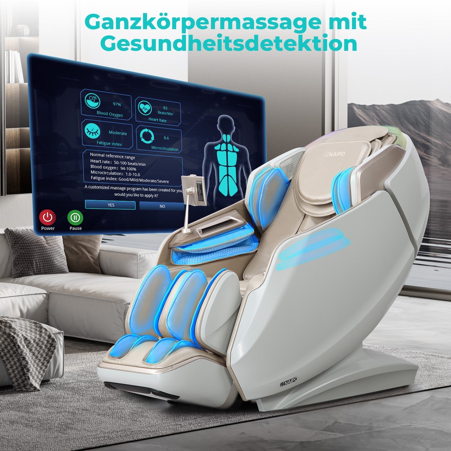 NAIPO 4D High-End Massagesessel S61 Weiß, Wärmefunktion, 8-inch Tablet-Steuerung