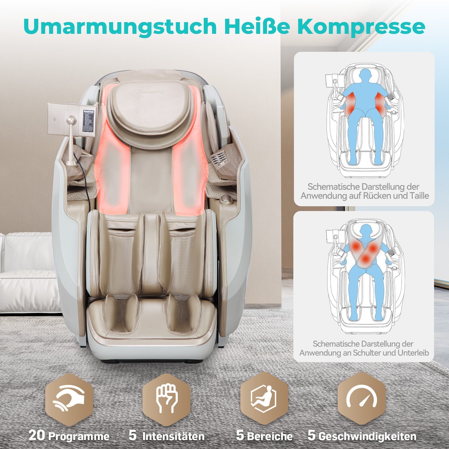 NAIPO 4D High-End Massagesessel S61 Weiß, Wärmefunktion, 8-inch Tablet-Steuerung